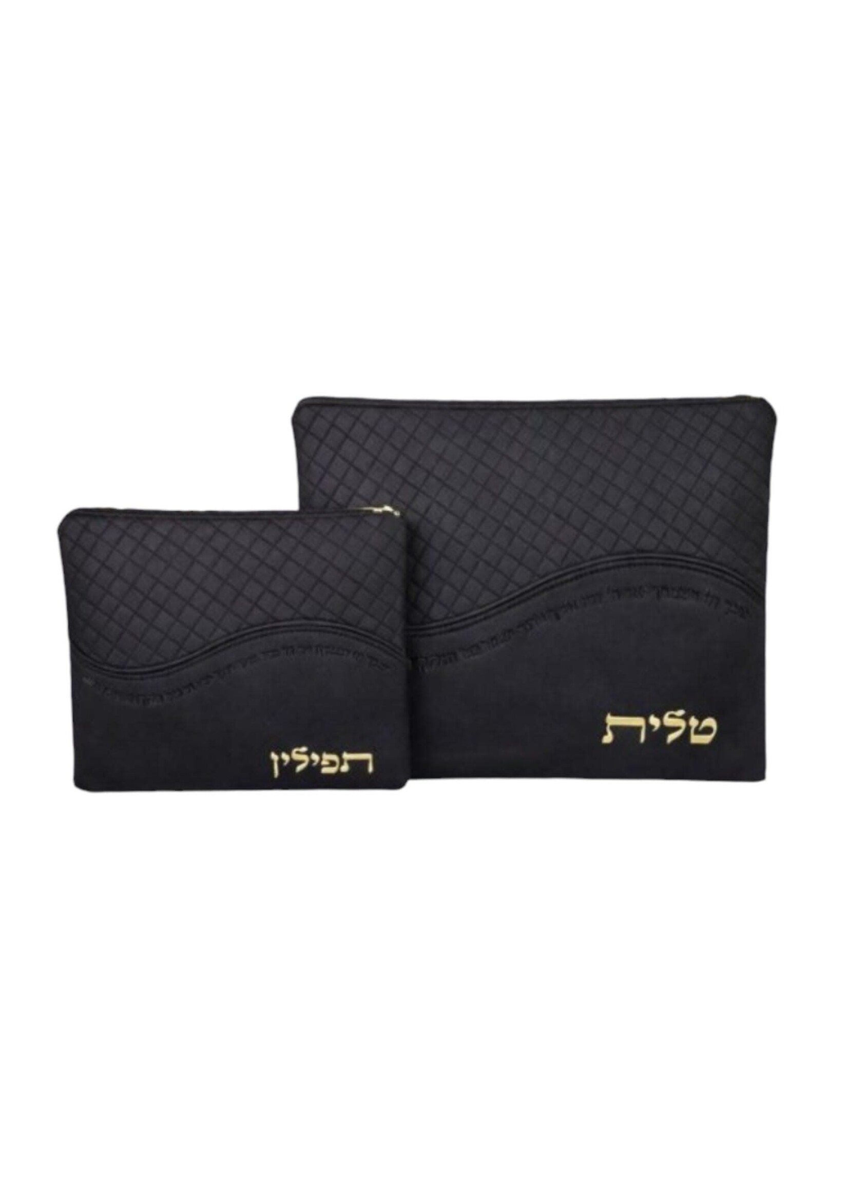 TALLIS  & TEFILLIN BAG SET BLACK GOLD EMBOSSING DIAMOND PATTERN FAUX LEATHER