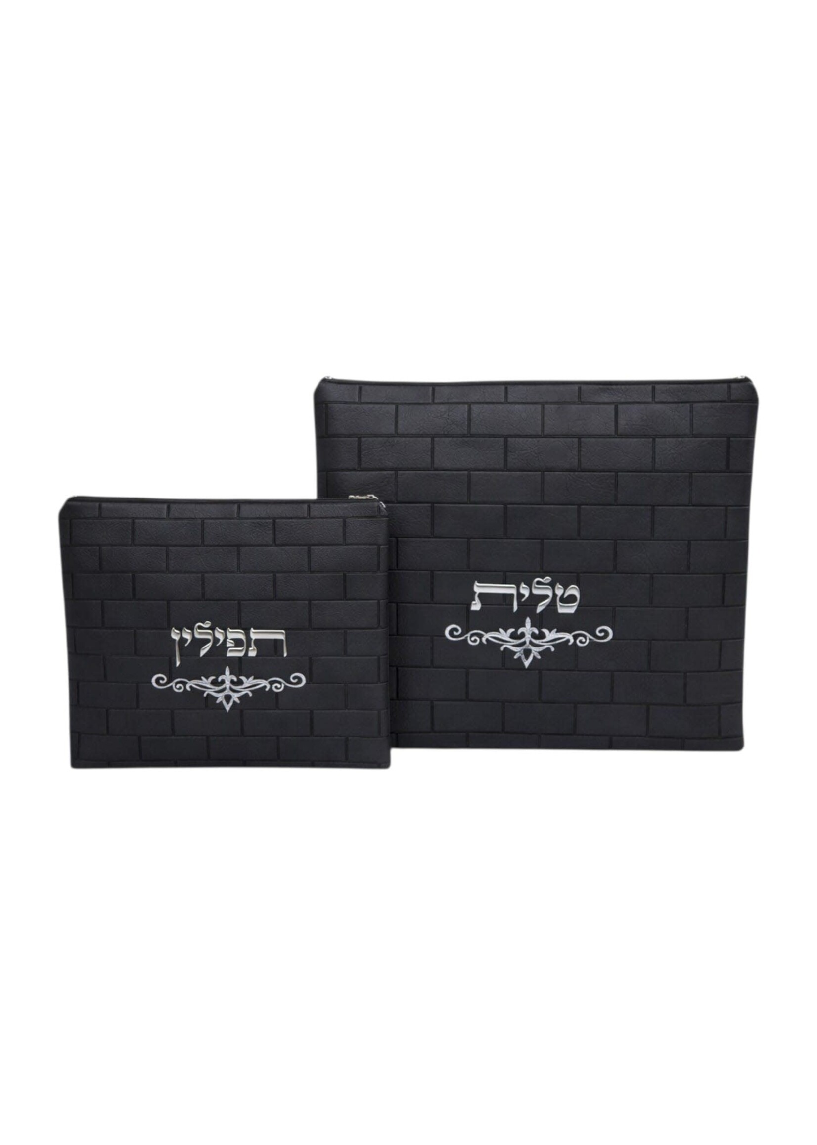 TALLIS & TEFILLIN BAG SET BLACK FAUX LEATHER STONE DESIGN SILVER DECAL