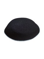 KIPPAH KNIT BLACK WITH LIGHT BLUE RIM 18 CM
