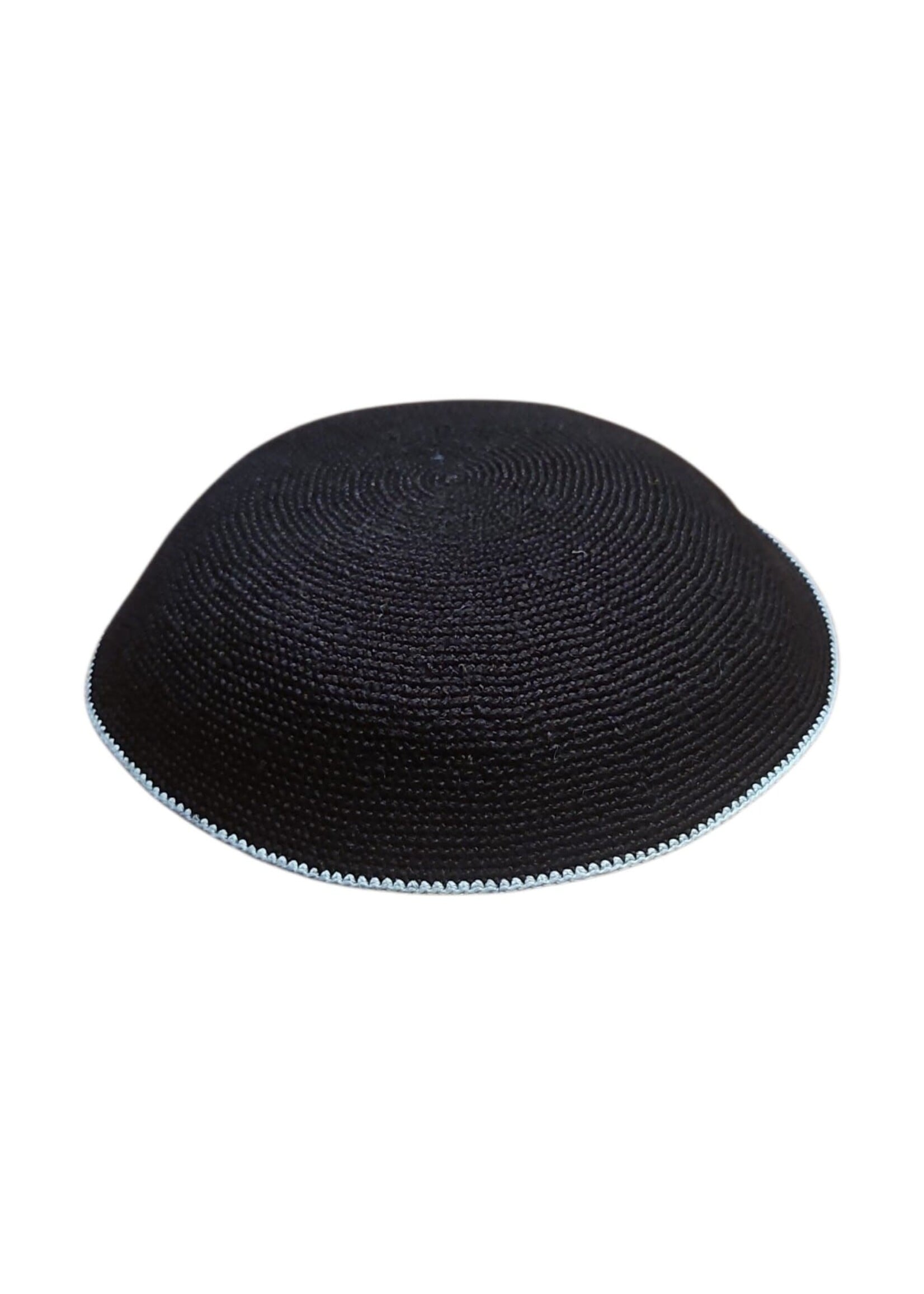 KIPPAH KNIT BLACK WITH LIGHT BLUE RIM 18 CM