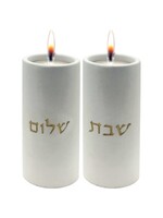 CANDLESTICKS  CEMENT WHITE WITH GOLD "SHABBAT SHALOM"