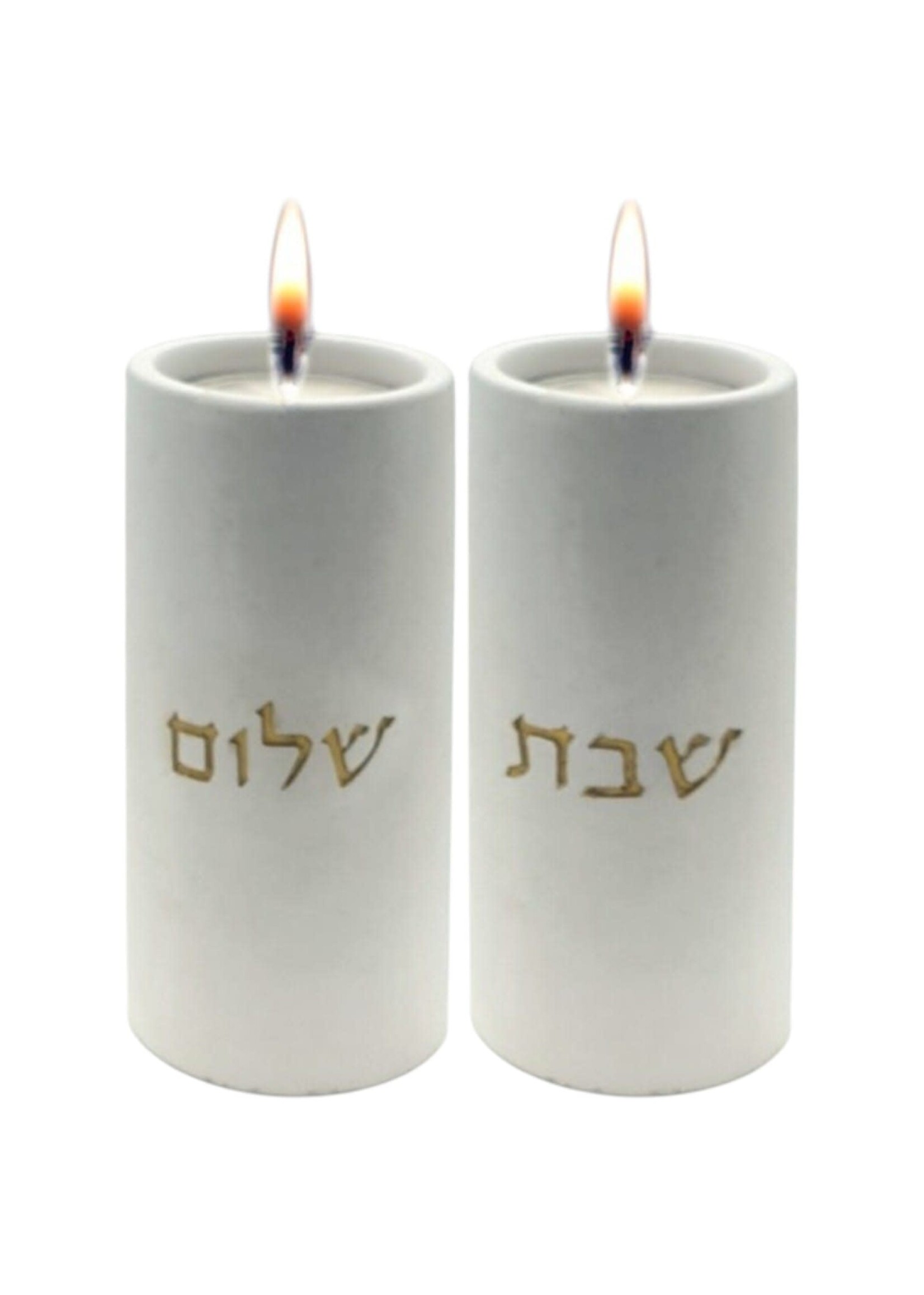 CANDLESTICKS  CEMENT WHITE WITH GOLD "SHABBAT SHALOM"