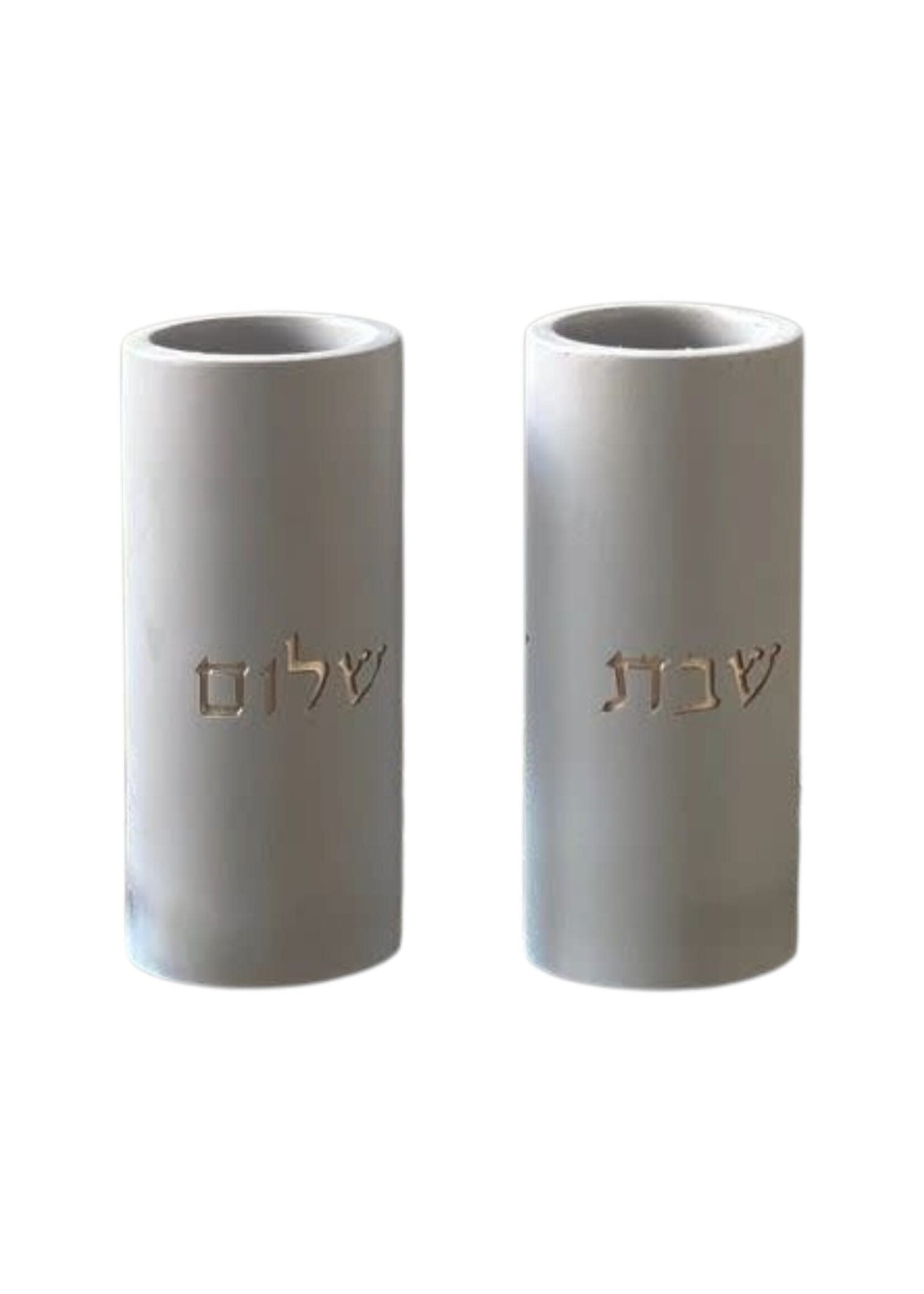 CANDLESTICKS  CEMENT WHITE WITH GOLD "SHABBAT SHALOM"