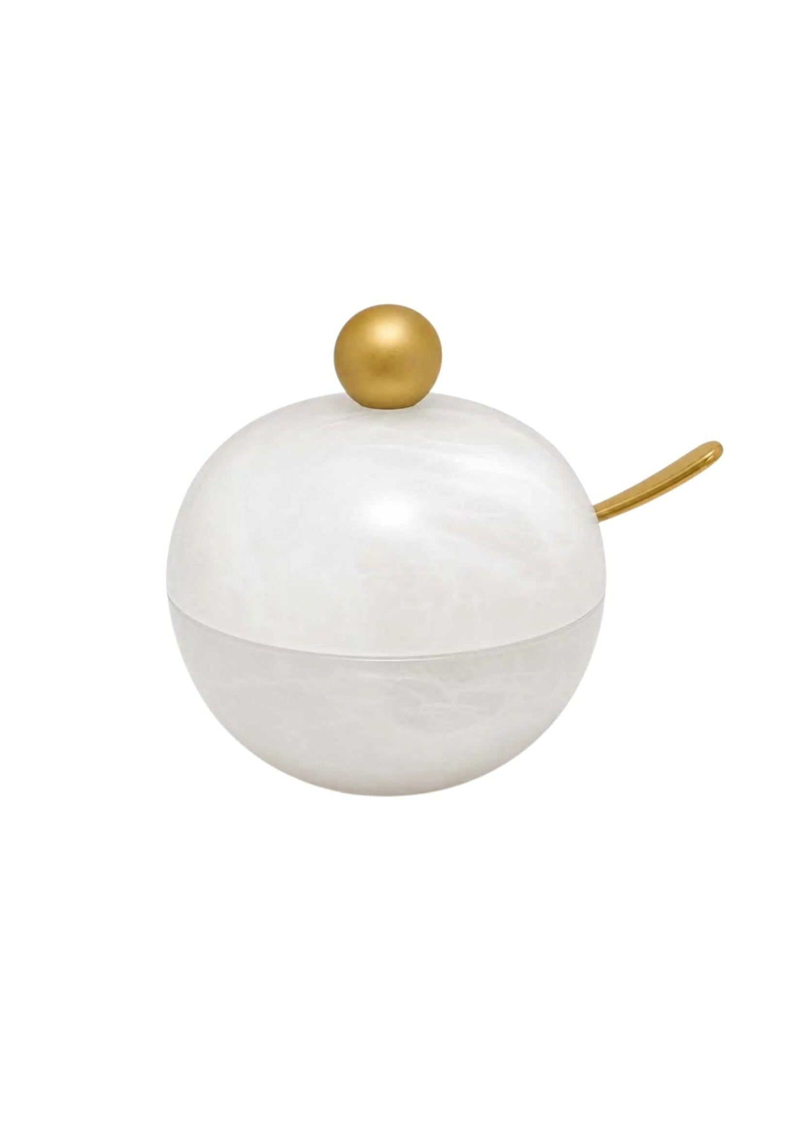 HONEY DISH MATTE WHITE SWIRL SPHERE GOLD BALL AND SPOON