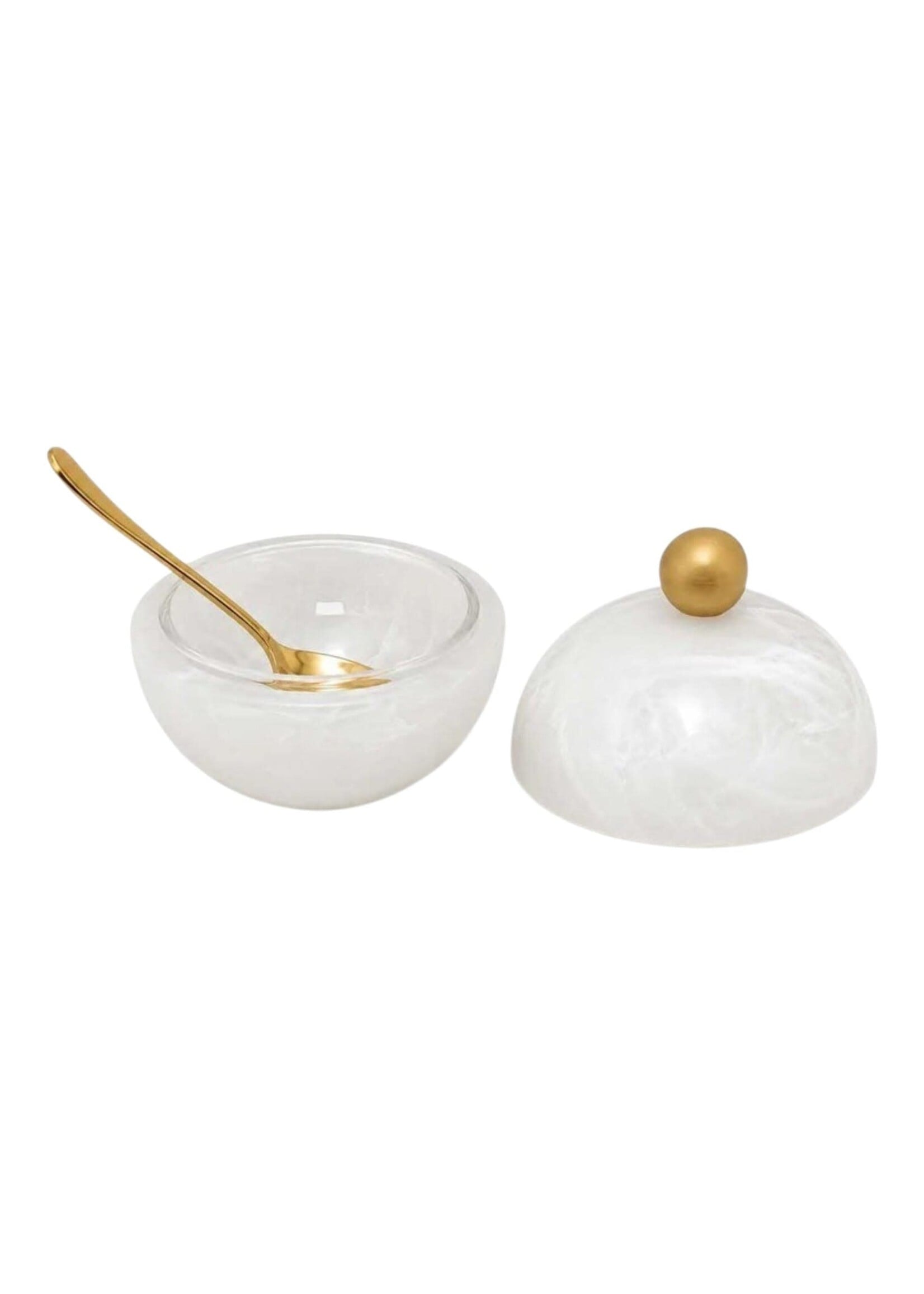HONEY DISH MATTE WHITE SWIRL SPHERE GOLD BALL AND SPOON