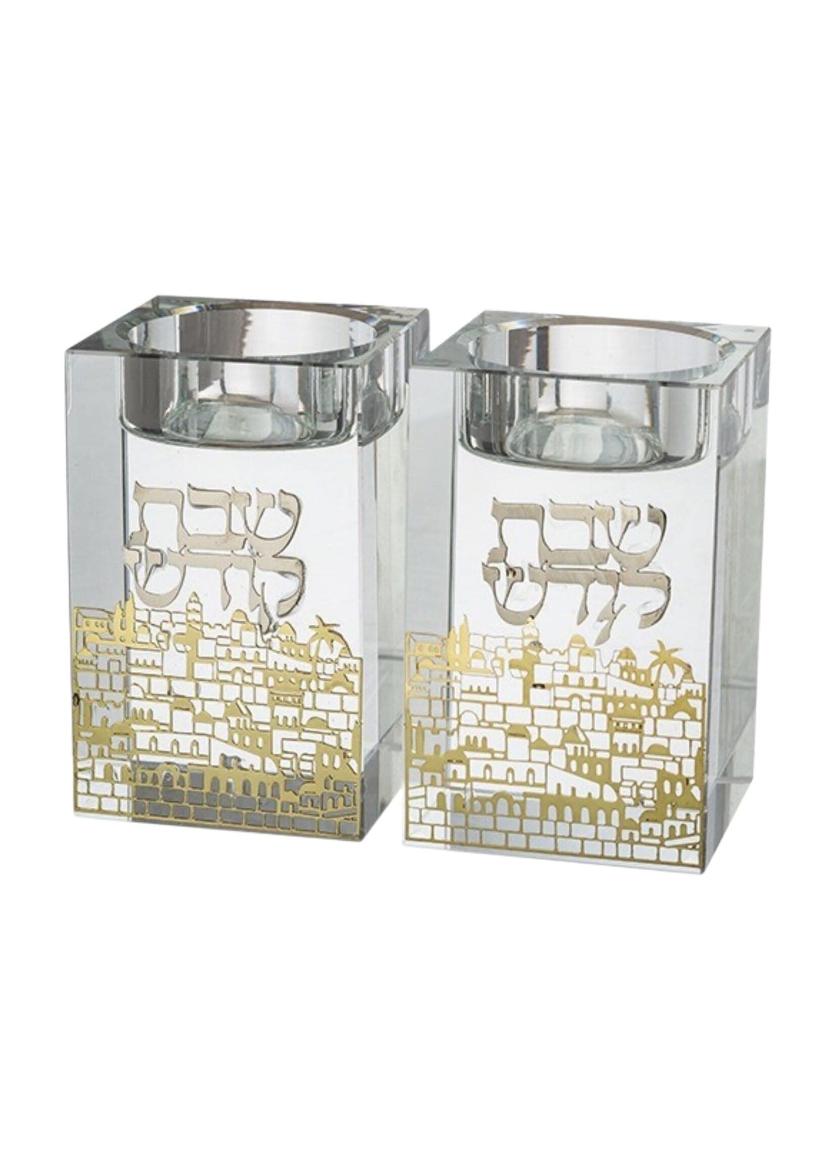CANDLE HOLDERS CRYSTAL BLOCK LASER CUT GOLD JERUSALEM