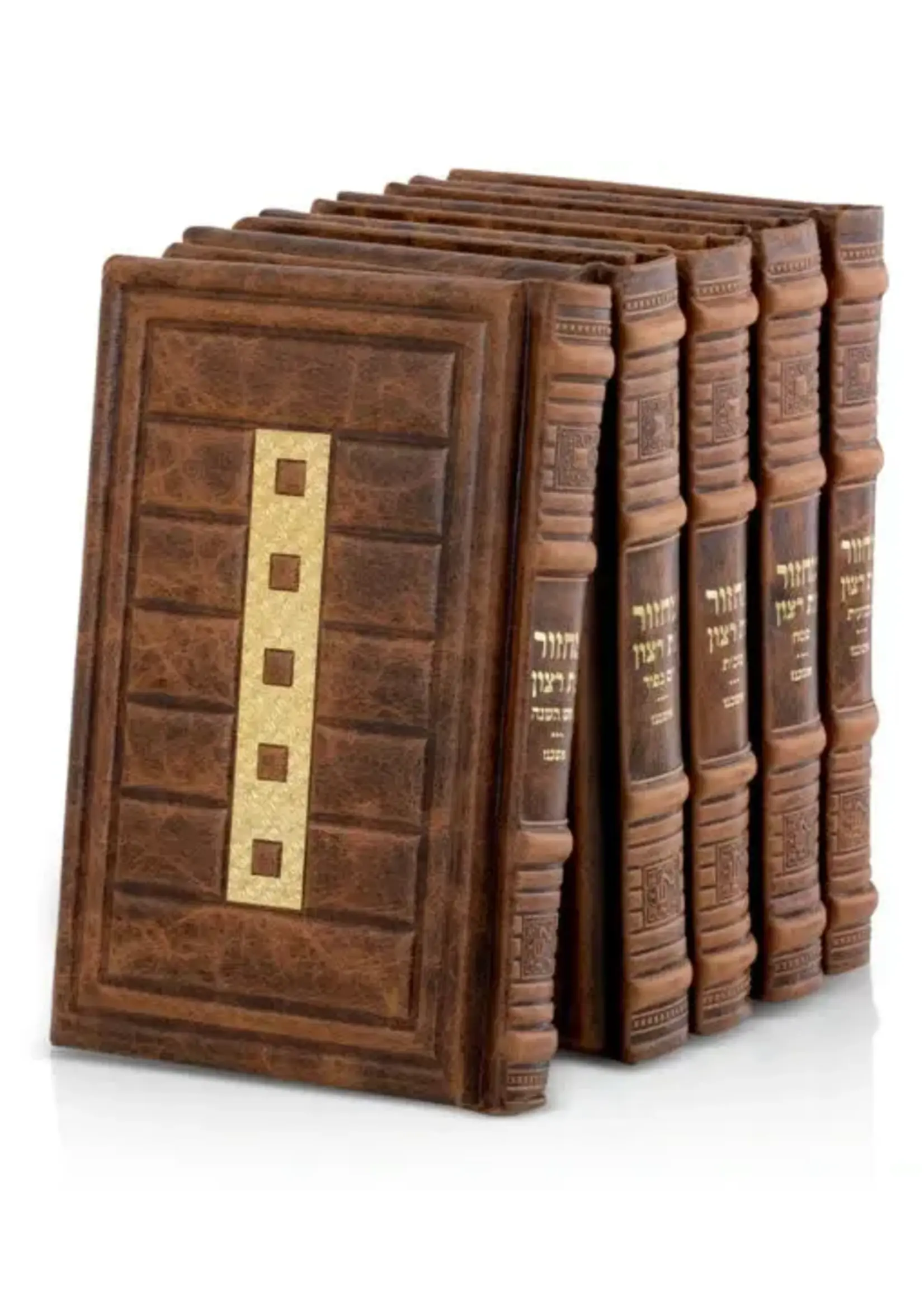 MACHZOR SET OF 5 LIGHT BROWN LEATHER EDOT MIZRACH GOLD PLAQUE
