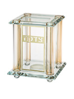 TZEDAKAH BOX CRYSTAL AMBER PILLARS GOLD "TZEDAKAH" PLAQUE