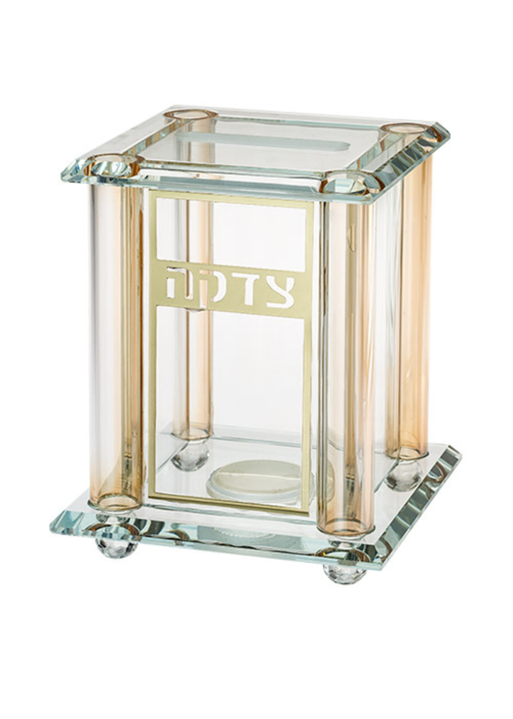 TZEDAKAH BOX CRYSTAL AMBER PILLARS GOLD "TZEDAKAH" PLAQUE