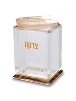 TZEDAKAH BOX AMBER CRYSTAL & WHITE STRIPES GOLD "TZEDAKAH"