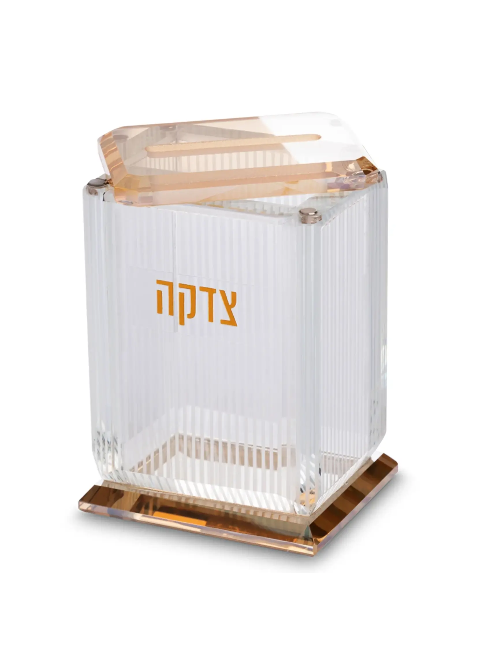TZEDAKAH BOX AMBER CRYSTAL & WHITE STRIPES GOLD "TZEDAKAH"