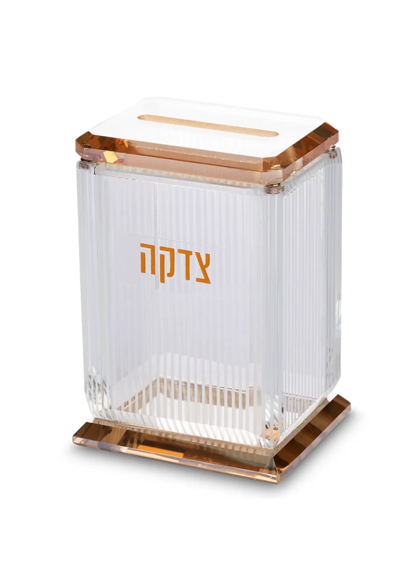 TZEDAKAH BOX AMBER CRYSTAL & WHITE STRIPES GOLD "TZEDAKAH"