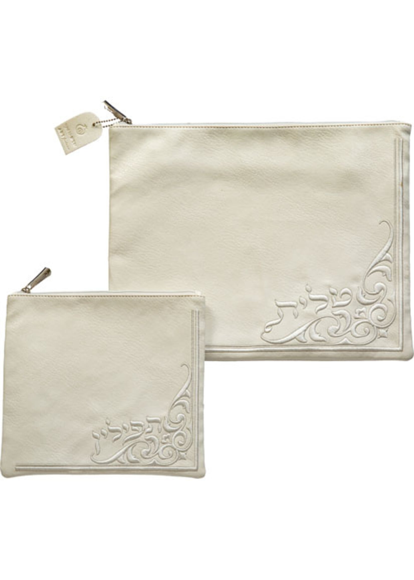 TALIS & TEFILLIN BAG SET CREAM FAUX LEATHER WITH CORNER EMBROIDERY