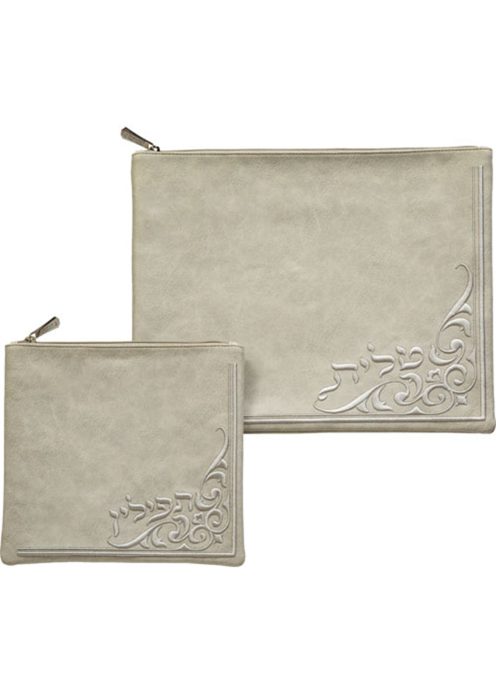 TALIS & TEFILLIN BAG SET BEIGE FAUX LEATHER WITH CORNER EMBROIDERY