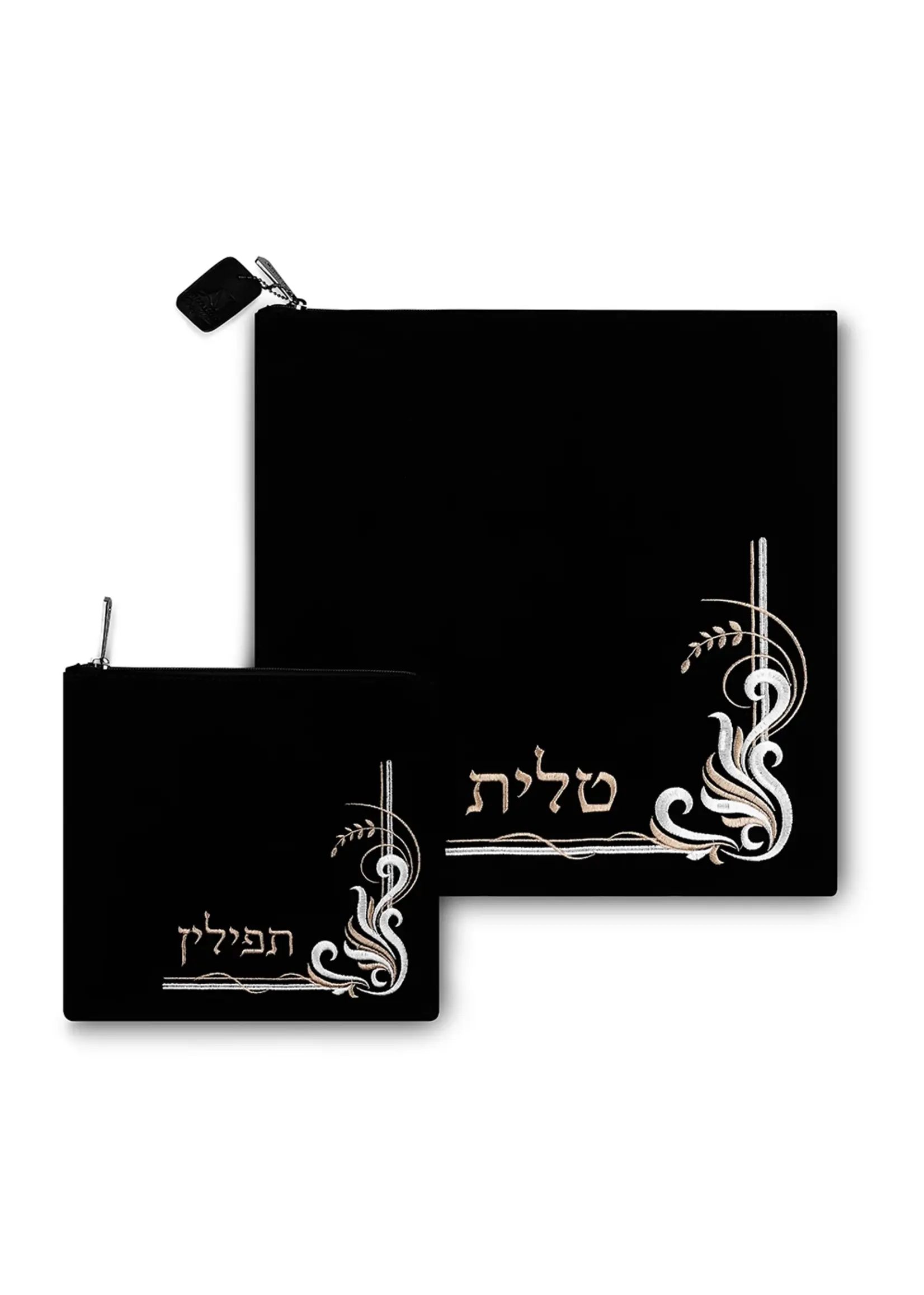 TALLIS & TEFILLIN BAG SET BLUE VELVET SILVER & GOLD CORNER EMBROIDERY