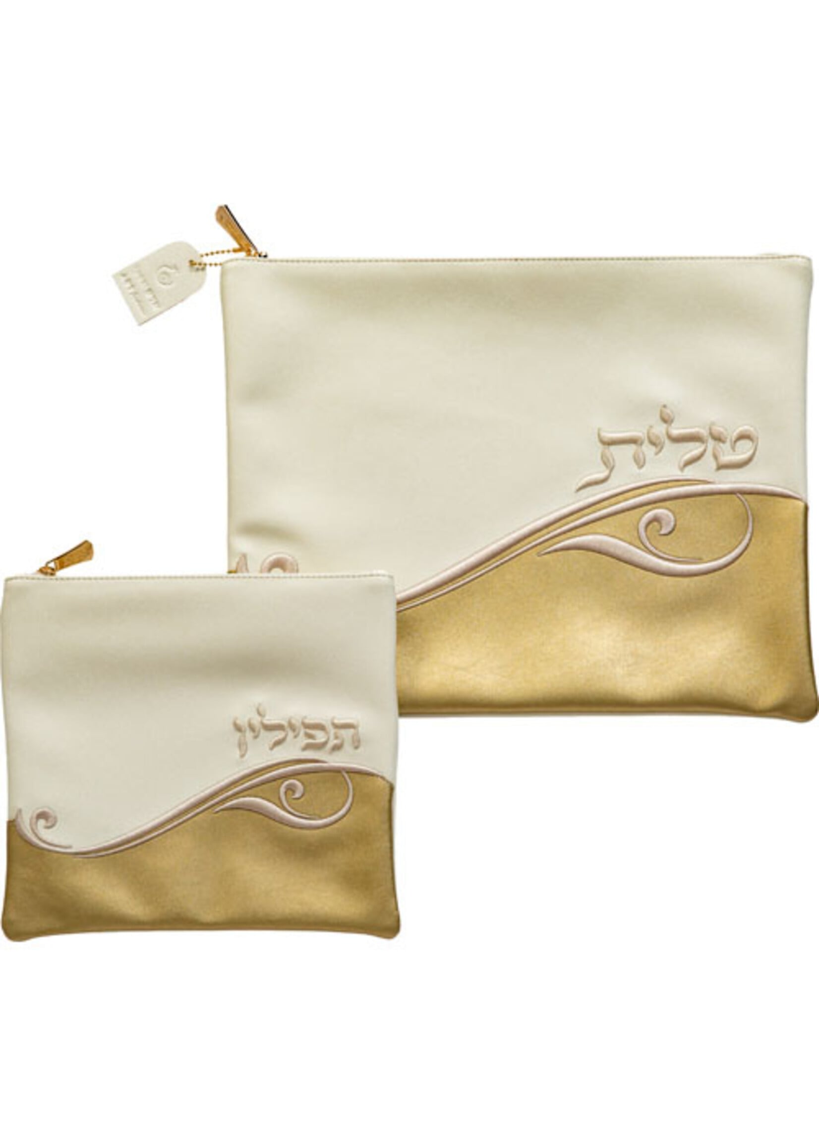 TALLIS & TEFILLIN BAG SET WHITE & GOLD FAUX LEATHER