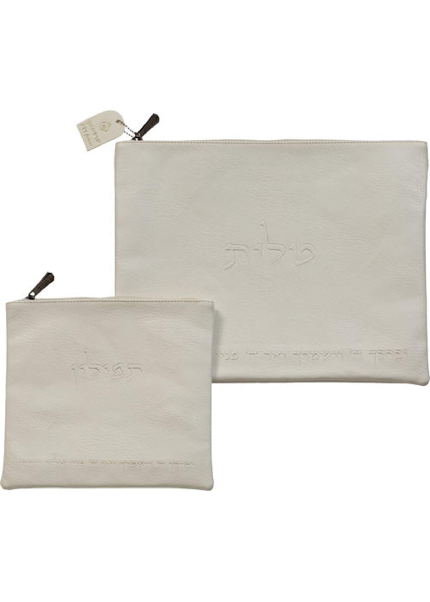 TALLIS & TEFILLIN BAG SET WHITE FAUX LEATHER KOHEN BLESSING
