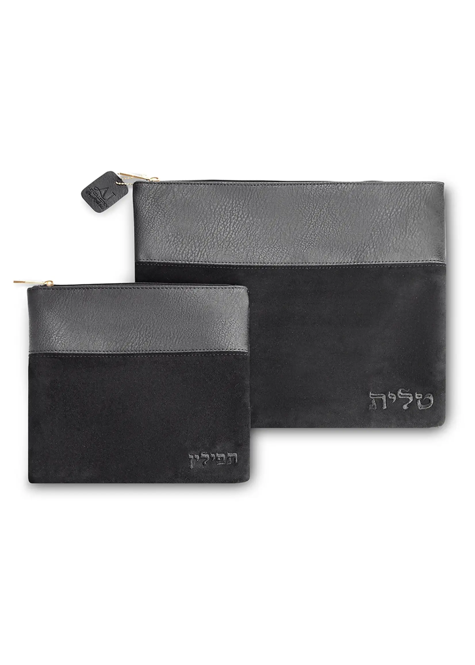 TALLIS & TEFILLIN BAG SET BLACK & GREY FAUX LEATHER