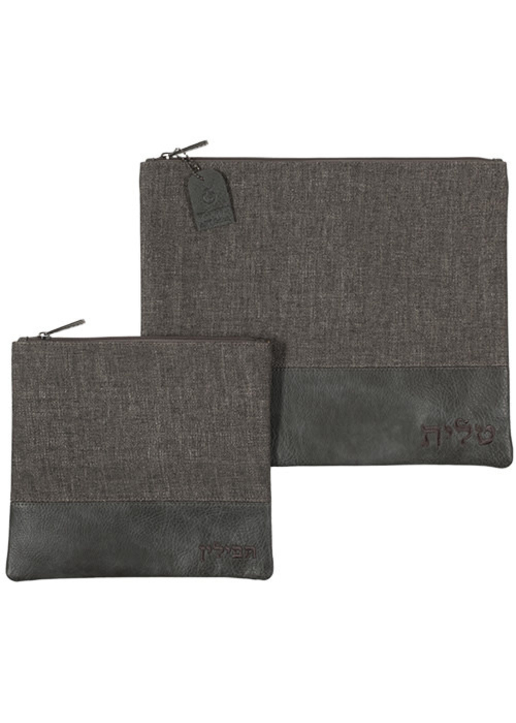 TALLIS & TEFILLIN BAG SET GREY LINEN & FAUX LEATHER