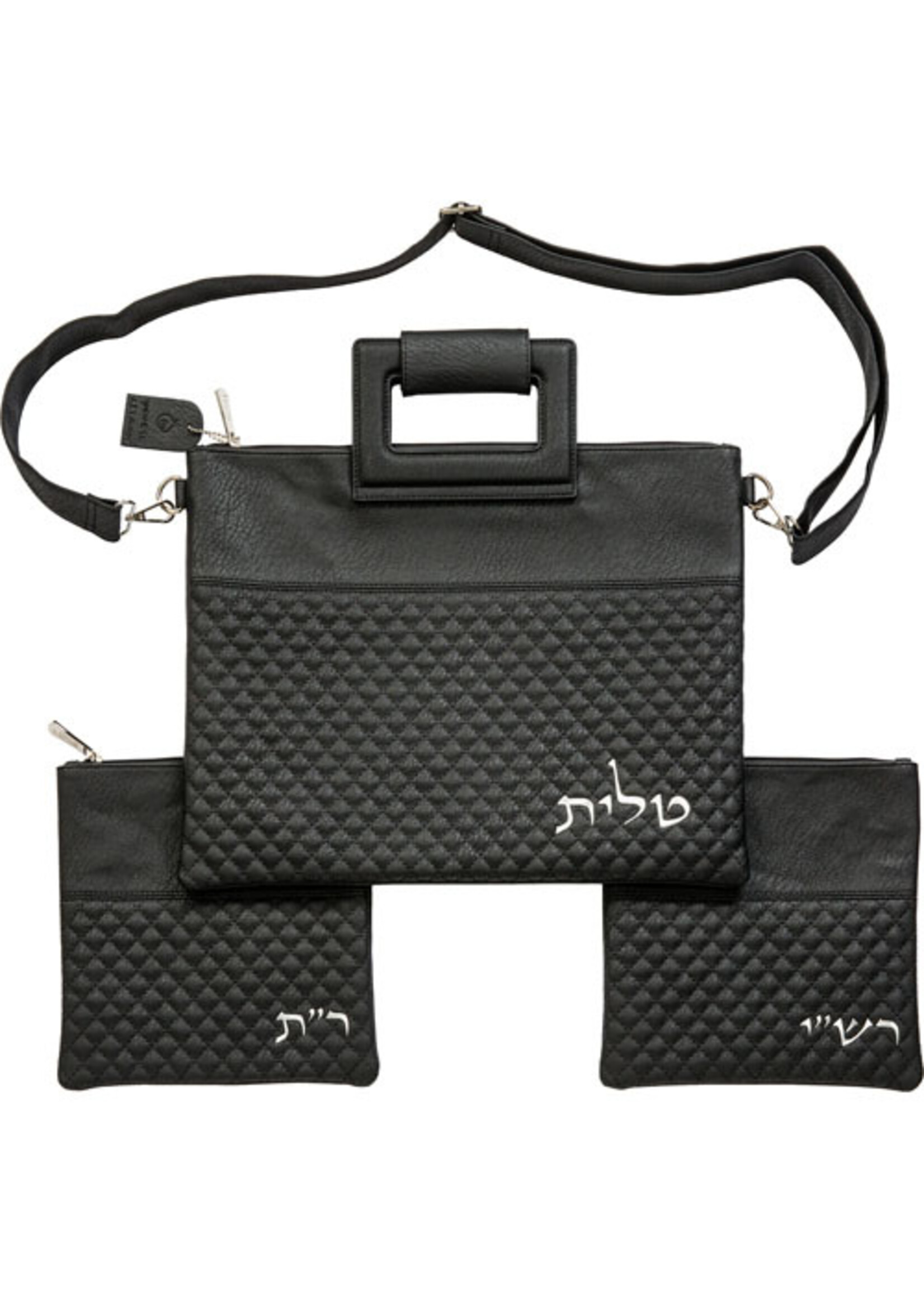 TALLIS & 2 TEFILLIN BAG SET BLACK & GREY FAUX LEATHER WITH SHOULDER STRAP