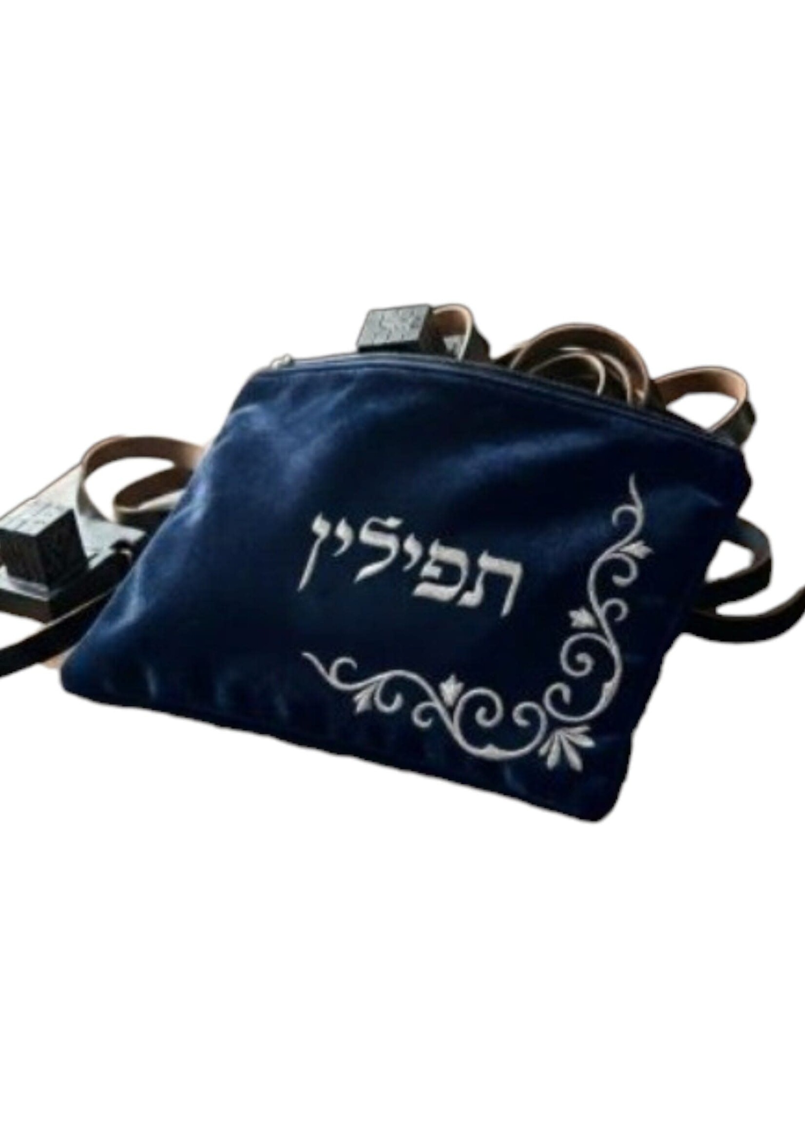 TEFILLIN BAG NAVY VELVET SILVER FLORAL EMBROIDERY
