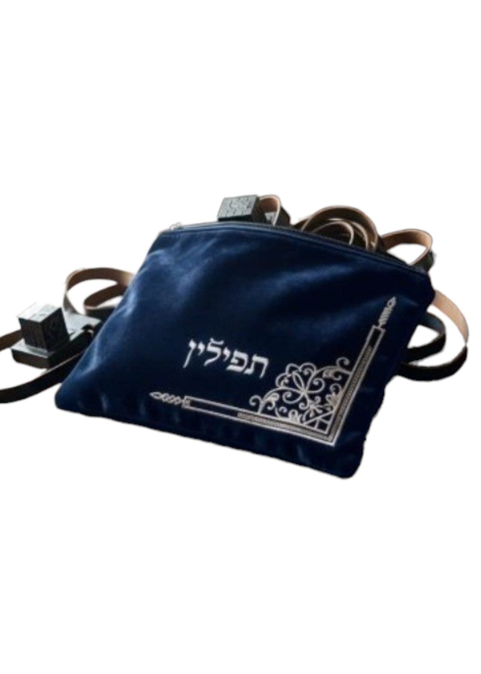 TEFILLIN BAG NAVY VELVET SILVER CORNER EMBROIDERY