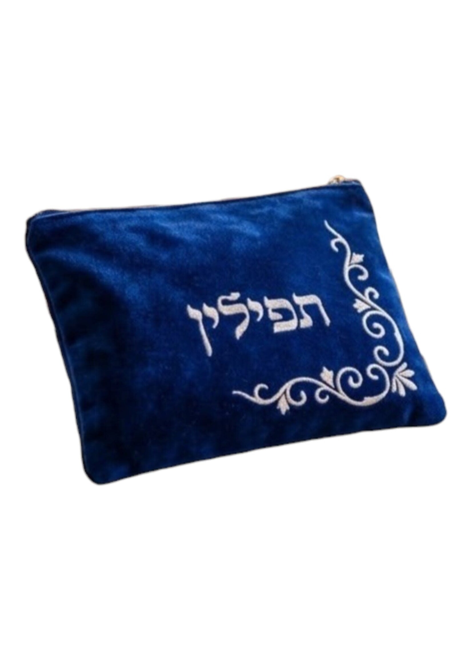 TEFILLIN BAG BLUE VELVET SILVER FLORAL EMBROIDERY