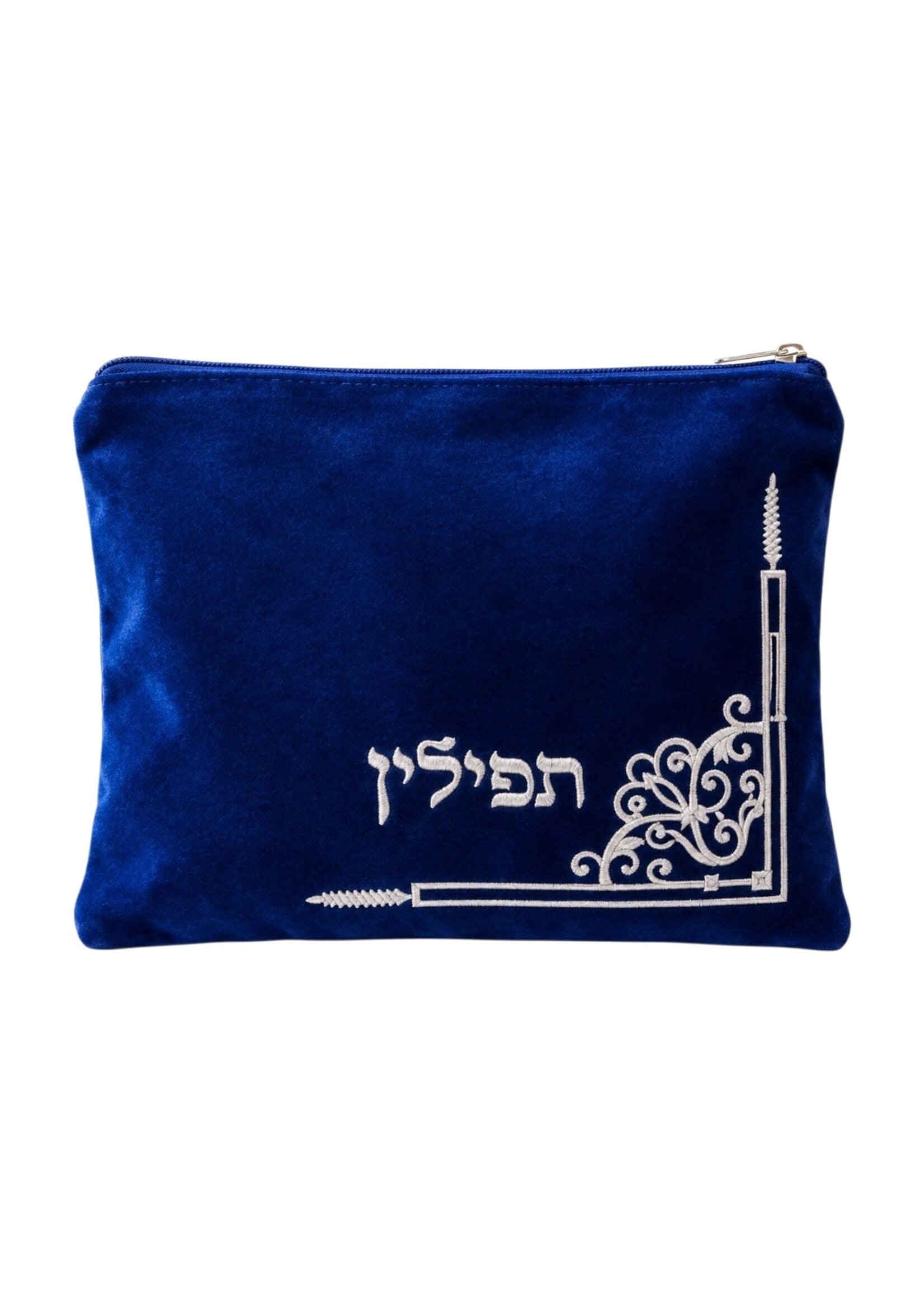 TEFILLIN BAG BLUE VELVET SILVER CORNER EMBROIDERY