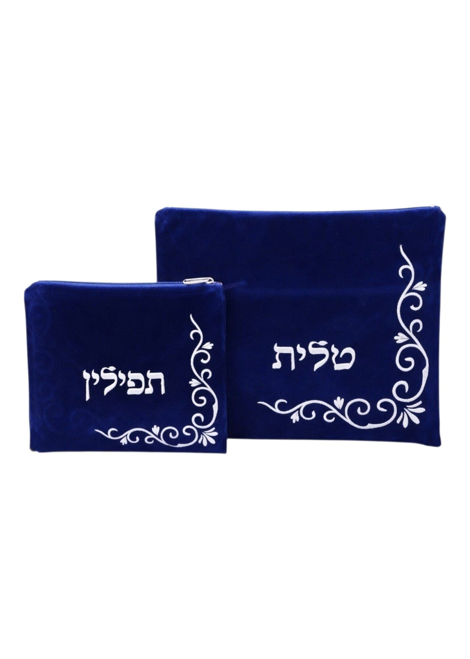 TALLIS & TEFILLIN BAG SET BLUE VELVET WITH SILVER FLORAL EMBROIDERY