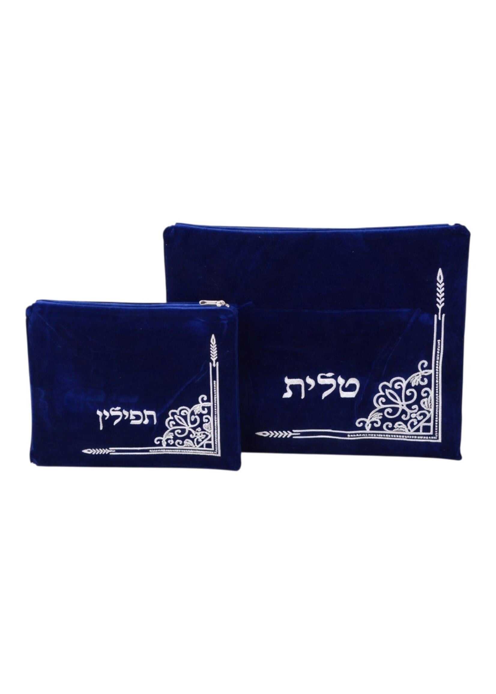 TALLIS & TEFILLIN BAG SET BLUE VELVET WITH SILVER CORNER EMBROIDERY