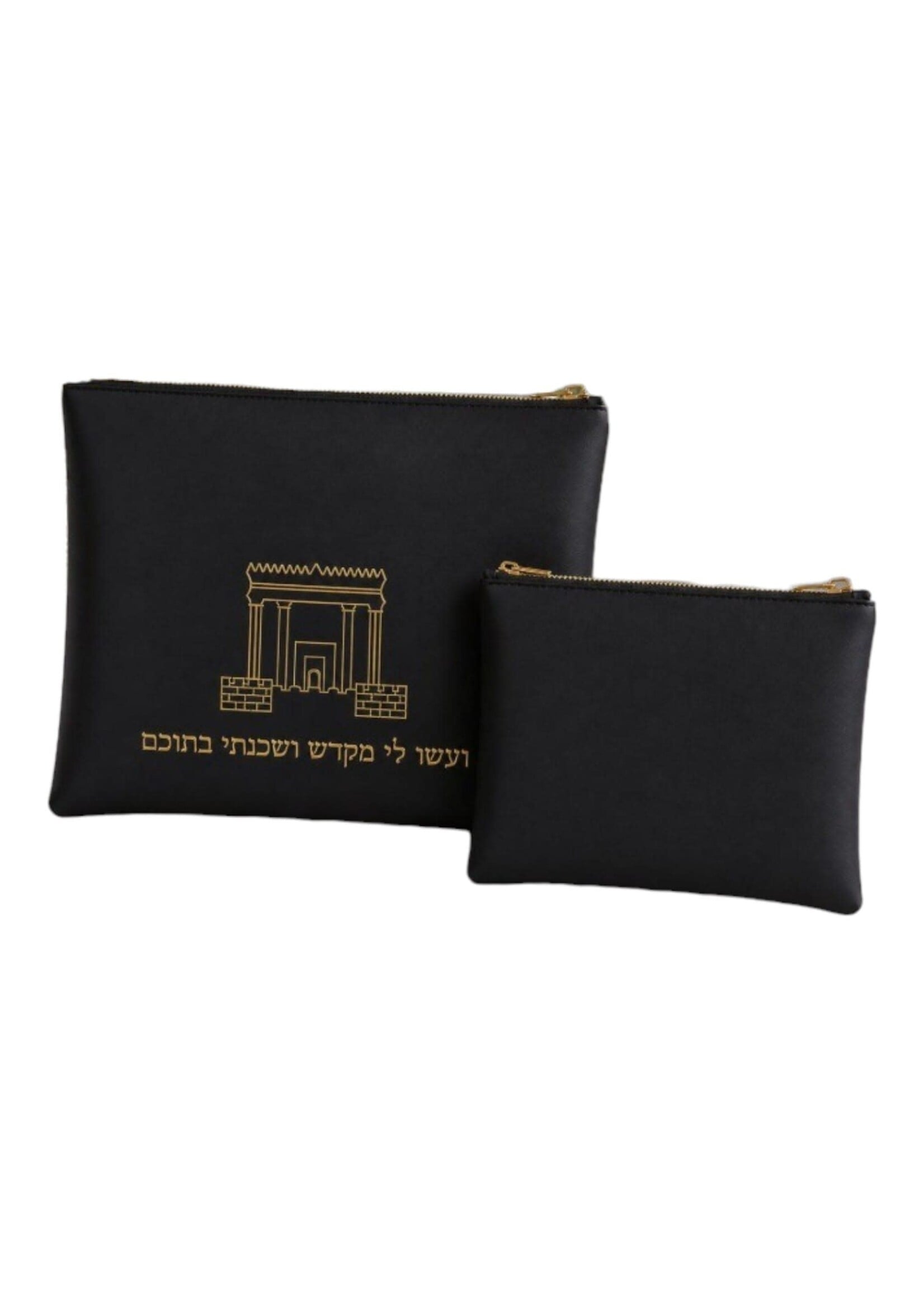 TALLIS & TEFILLIN SET GOLD BEIT HAMIKDASH BLACK FAUX LEATHER