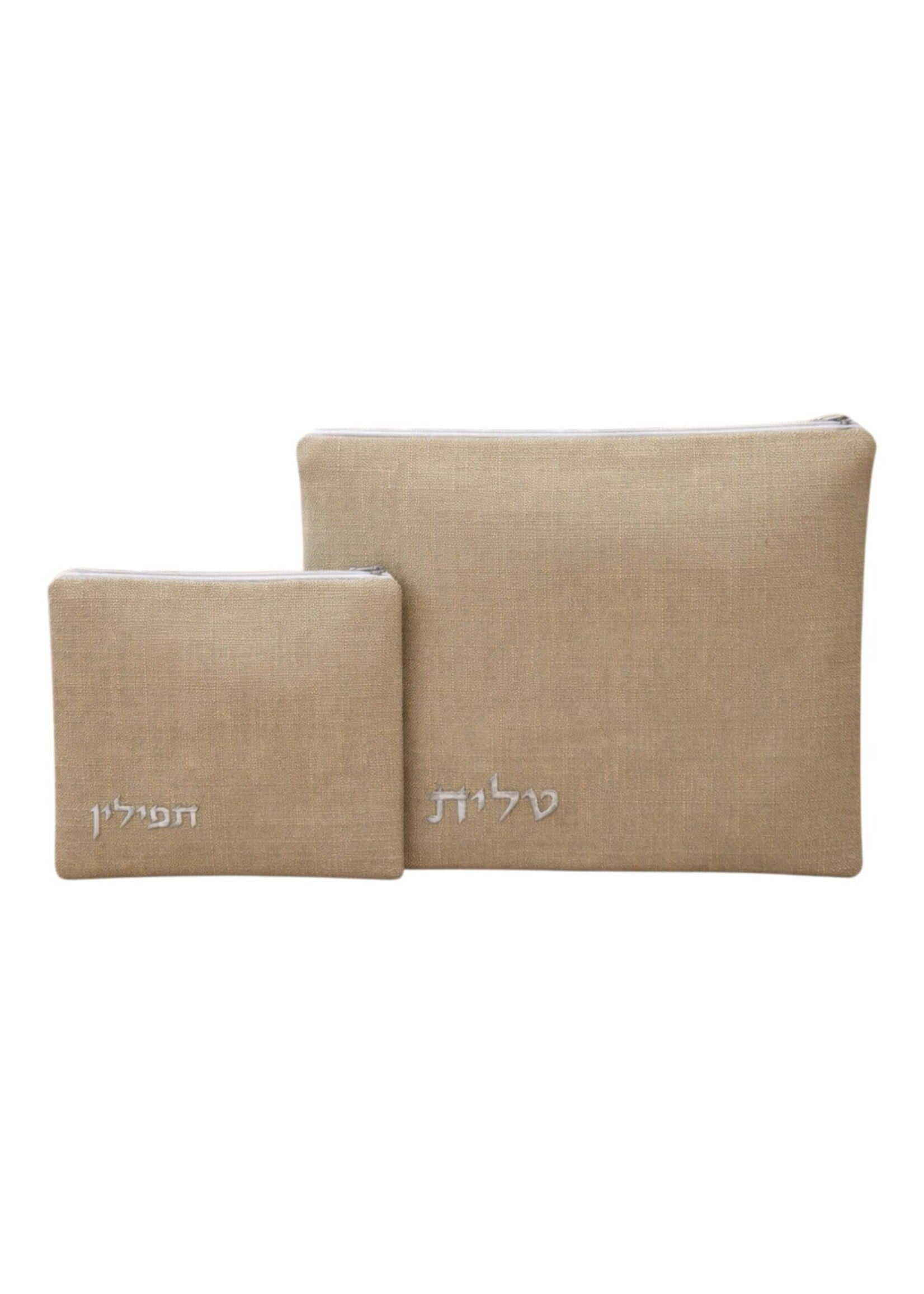TALLIS & TEFILLIN SET BEIGE LINEN SILVER EMBROIDERY