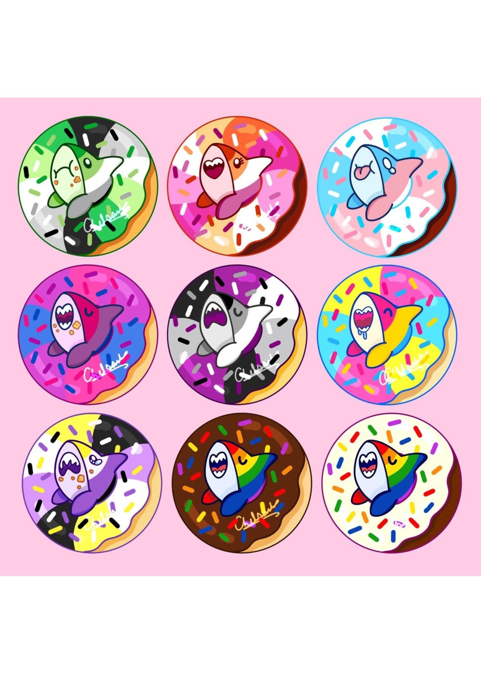 SHARKNDONUTS Pride Sharks and Donut Buttons Aromantic