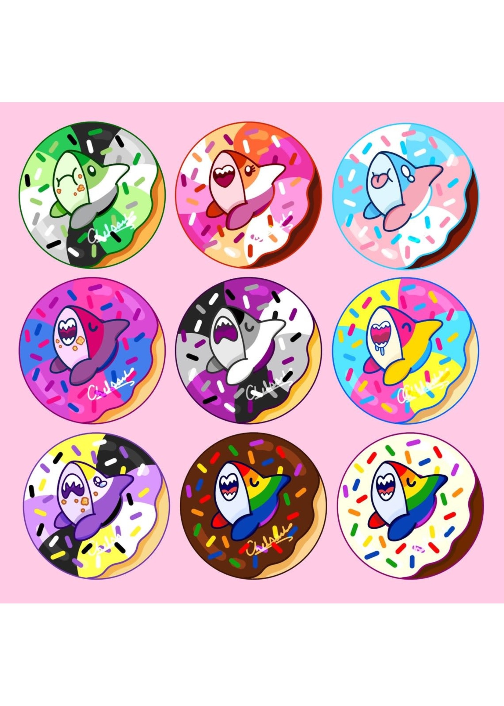 SHARKNDONUTS Pride Sharks and Donut Buttons Lesbian