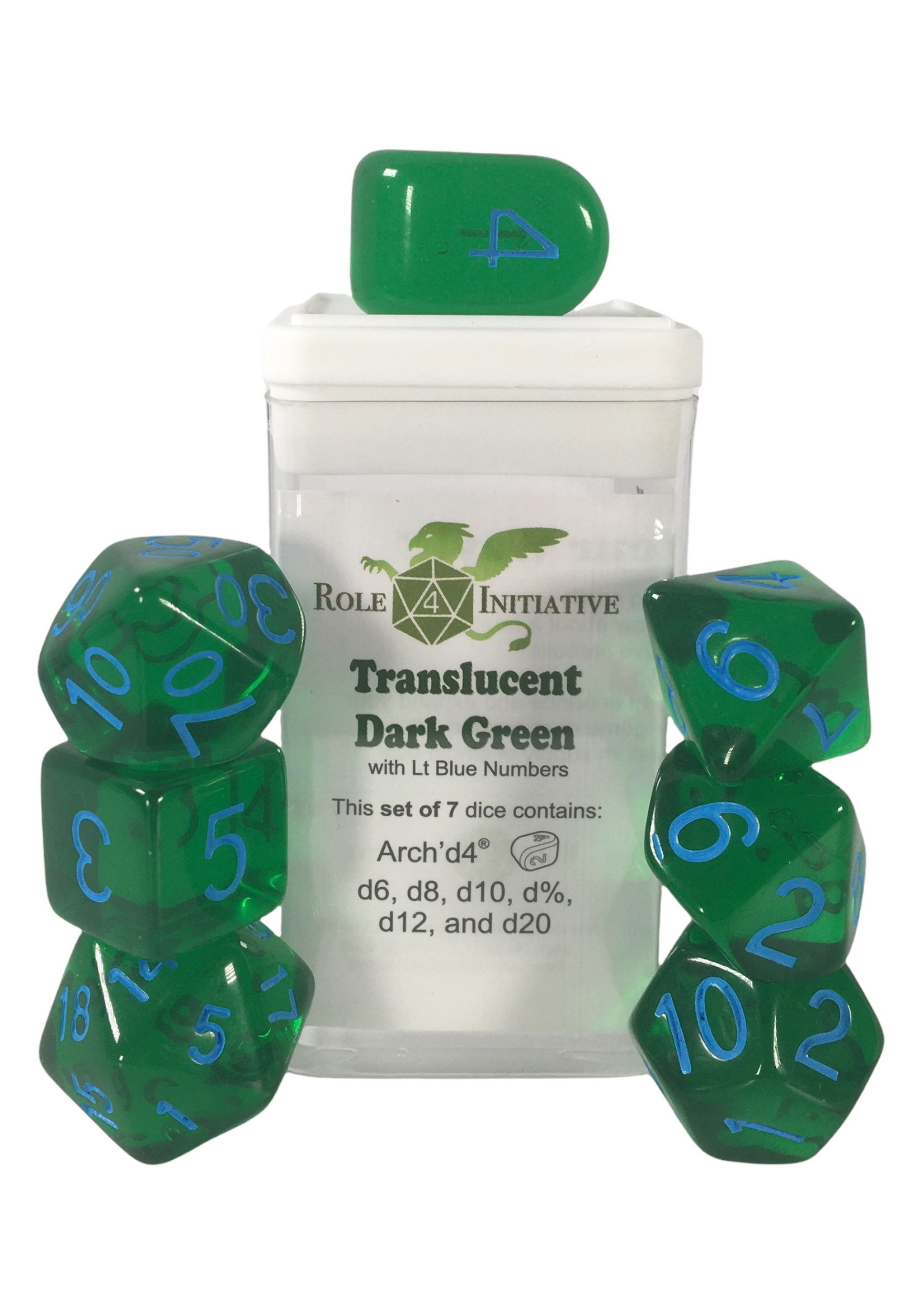 SET OF 7 DICE TRANSLUCENT DK GRN/LT BLUE NMBR
