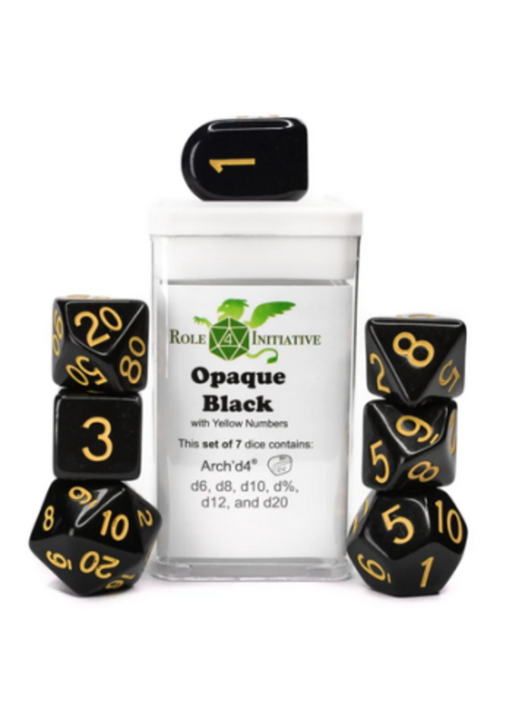 ROLE 4 INITIATIVE SET OF 7 DICE OPAQUE BLACK/YELLOW ARCH'D4