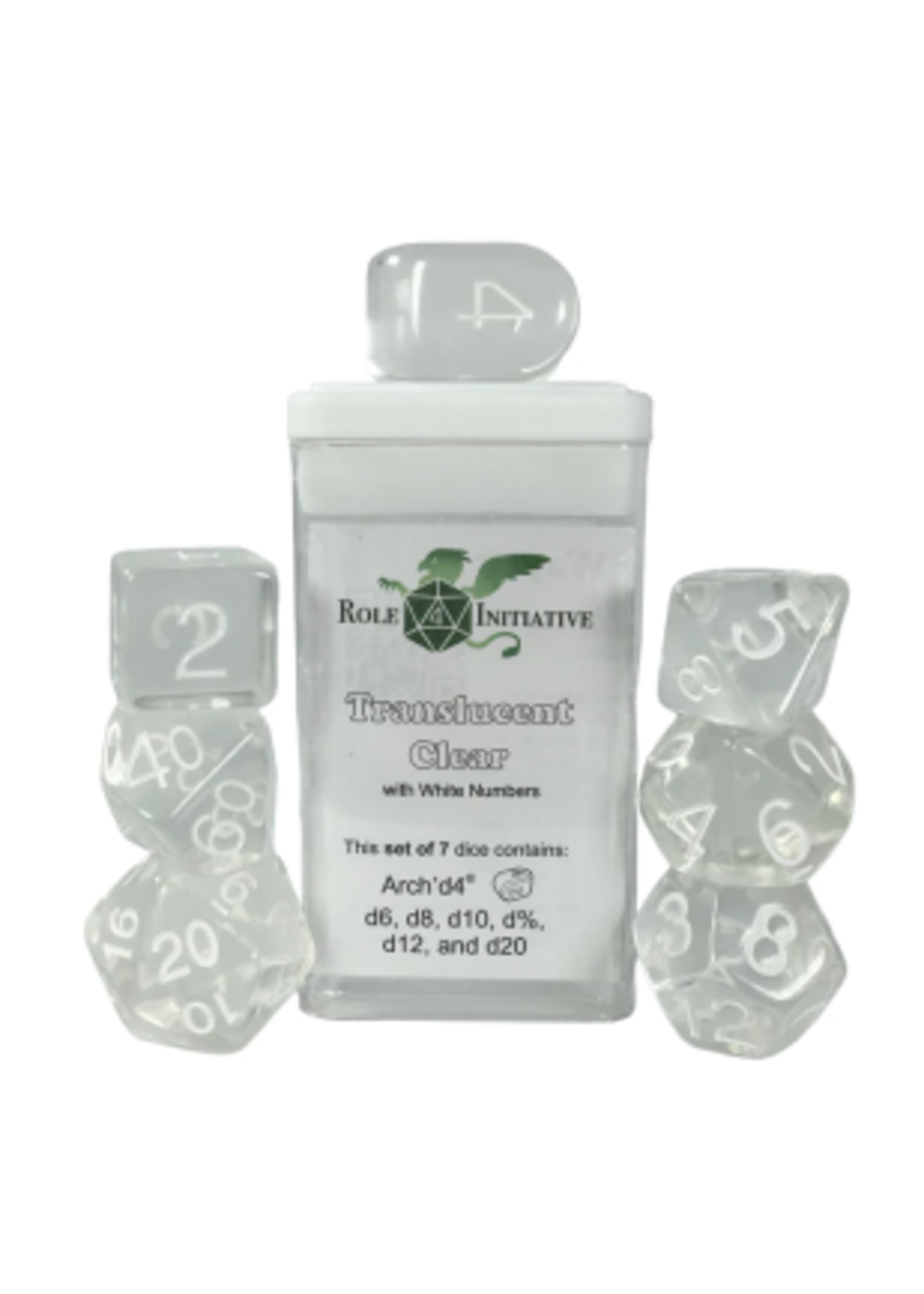 ROLE 4 INITIATIVE SET OF 7 DICE TRANSLUCENT CLEAR ARCH'D4