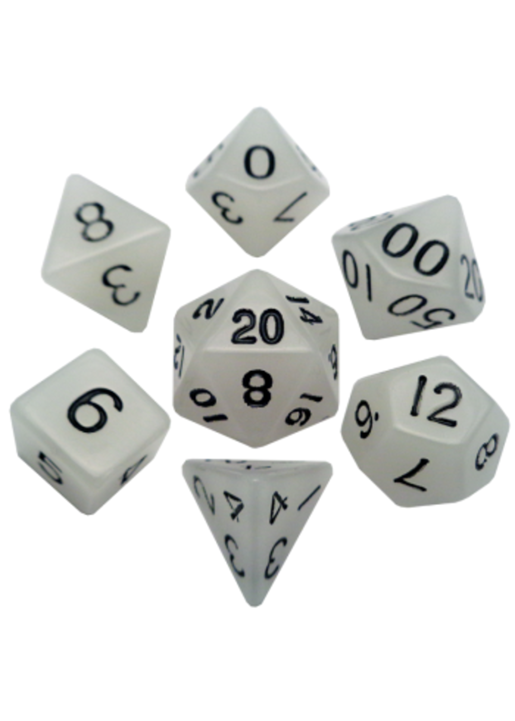 DICE ACRYLIC 16MM 7PC SET GLOW IN THE DARK CLEAR