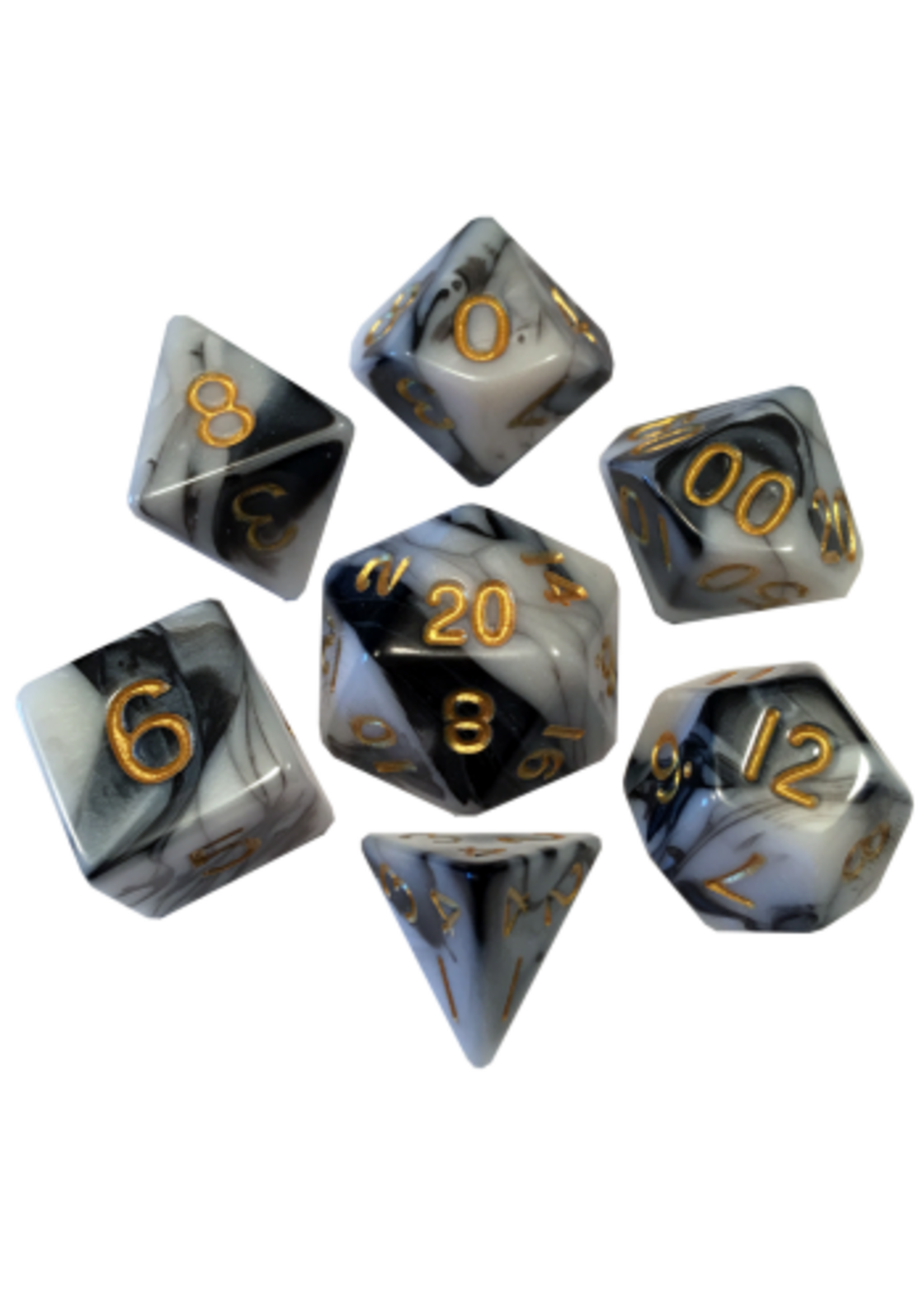 DICE ACRYLIC 16MM 7PC SET MARBLE GOLD NUMBERS