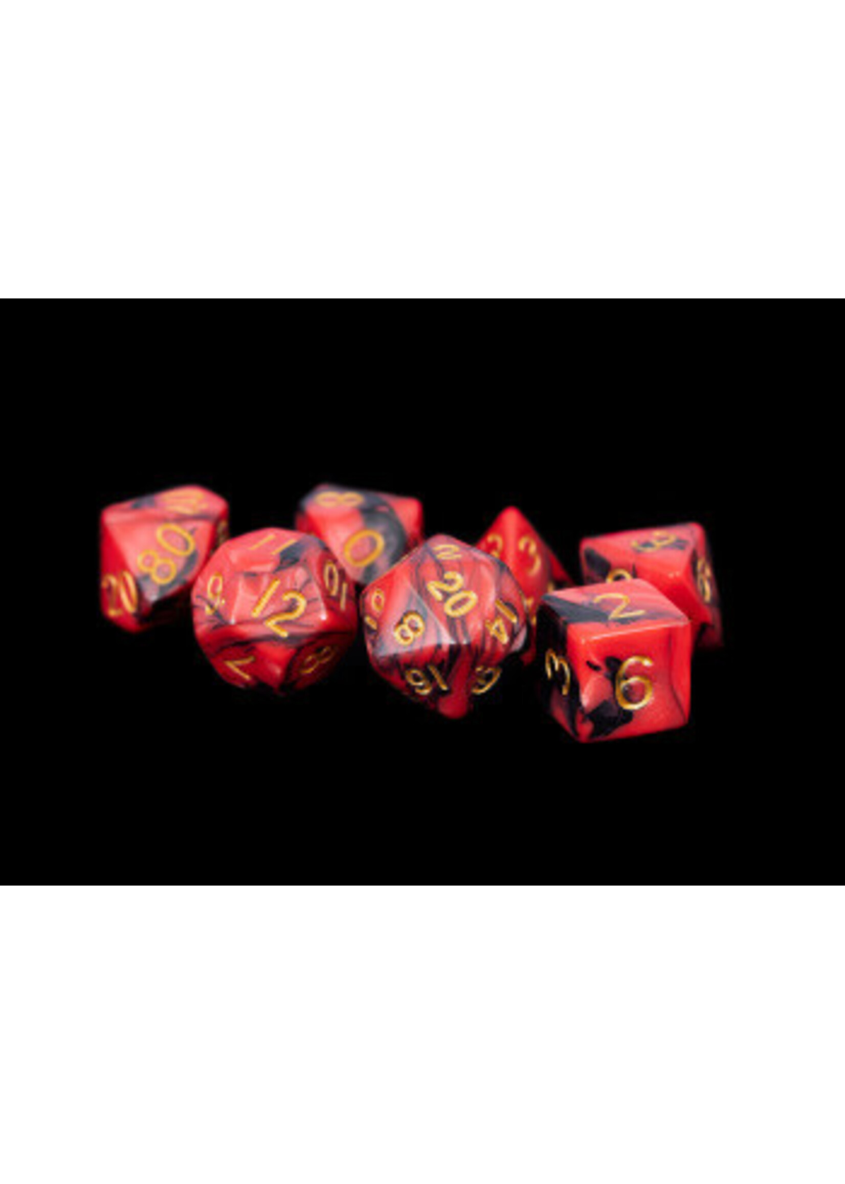 DICE ACRYLIC 16MM 7PC SET RED/BLACK W/ GOLD NUMBERS