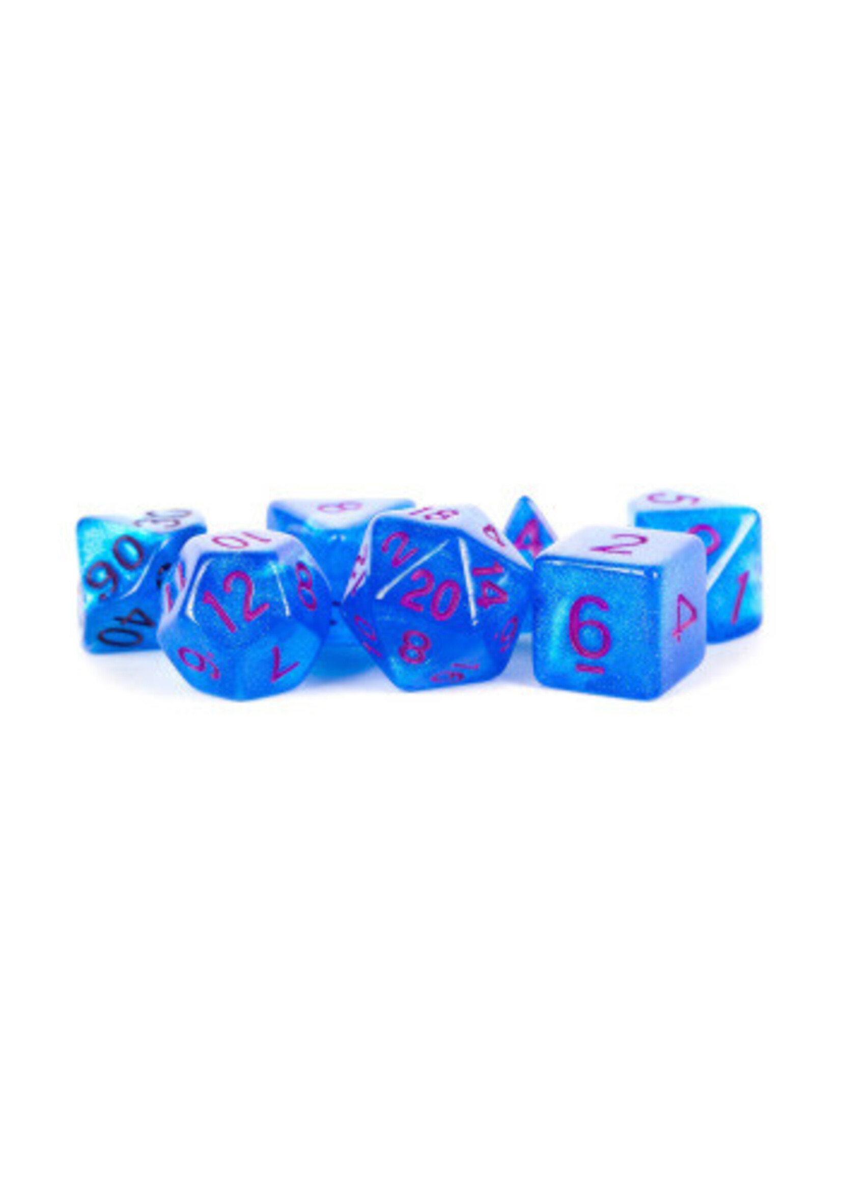 DICE ACRYLIC 16MM 7PC SET STARDUST BLUE W/ PURPLE NUMBERS