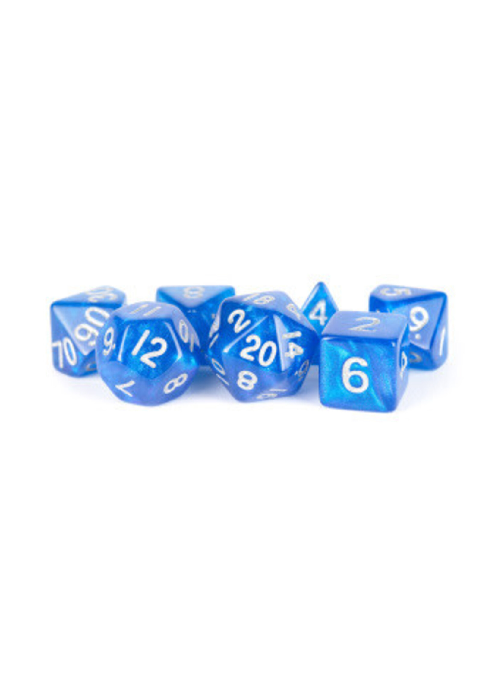 DICE ACRYLIC 16MM 7PC SET STARDUST BLUE W/ SILVER NUMBERS