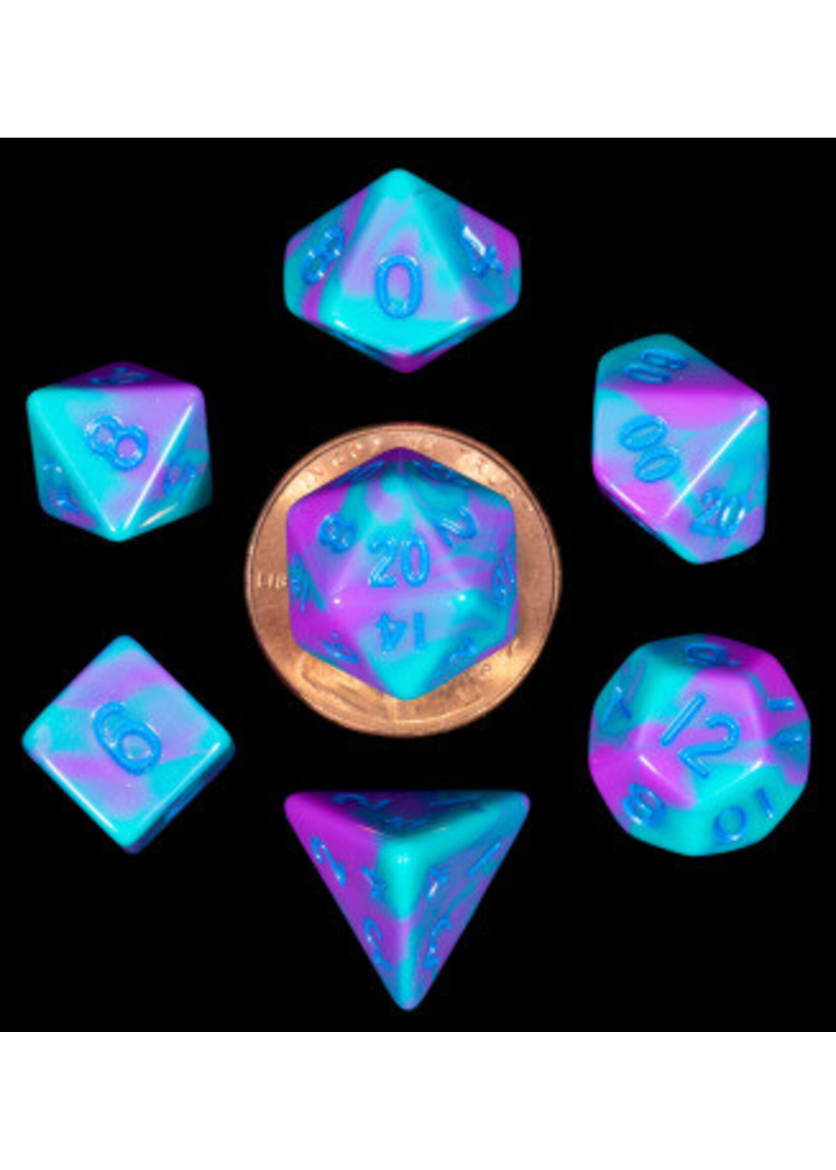 DICE MINI 10MM 7PC SET PURPLE/TEAL W/ BLUE NUMBERS