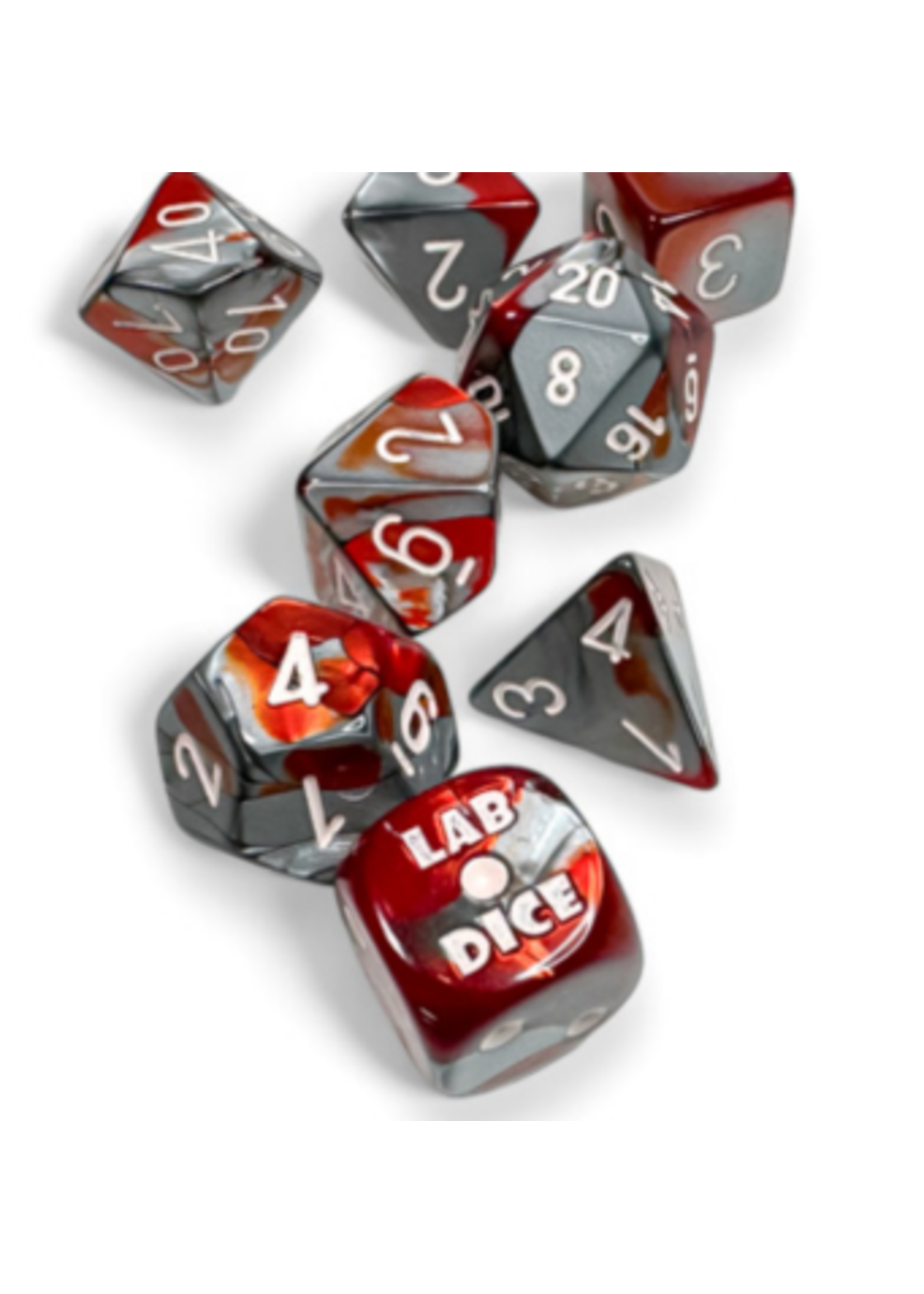 LAB DICE 8 GEMINI 7PC RED-STEEL/WHITE (WITH BONUS DIE)