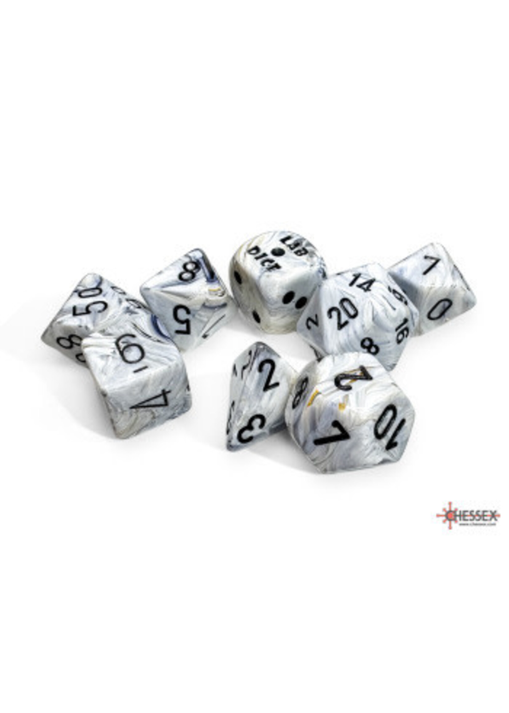 LAB DICE 8 MARBLE 7PC CALCITE/BLACK (WITH BONUS DIE)