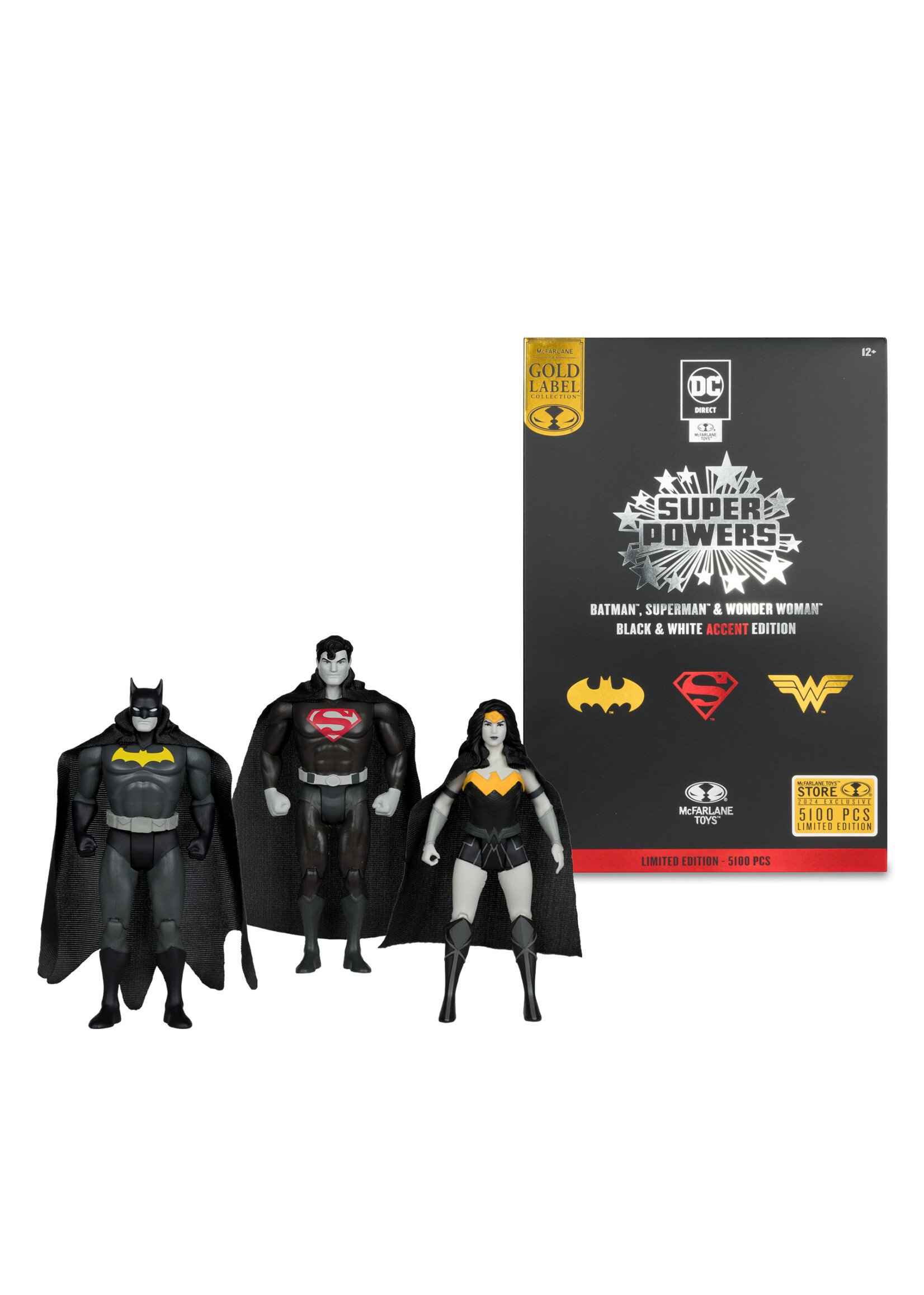 DC DIRECT SUPER POWERS 3 PACK - SUPERMAN & WONDER WOMAN & BATMAN (B&W W/ ACCENT) (GOLD LABEL)