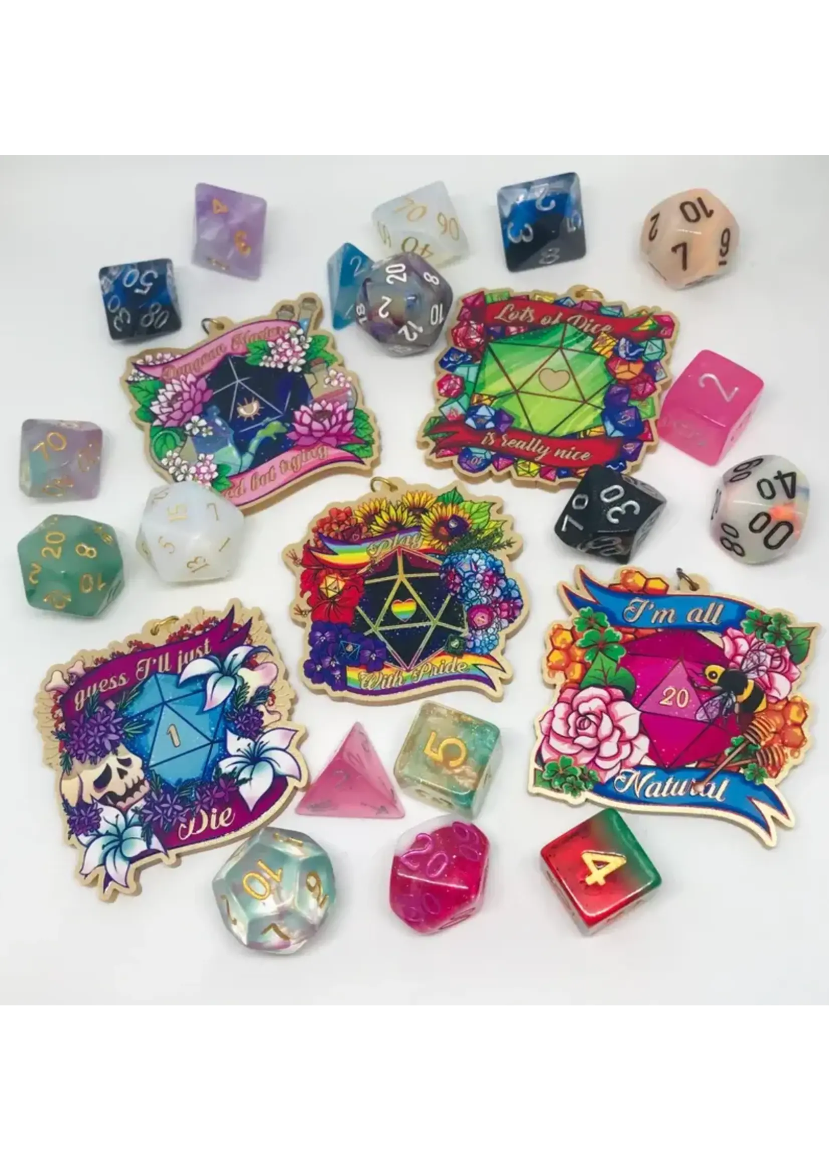 SHARKNDONUTS D&D Gold Acrylic Charms Lots of Dice