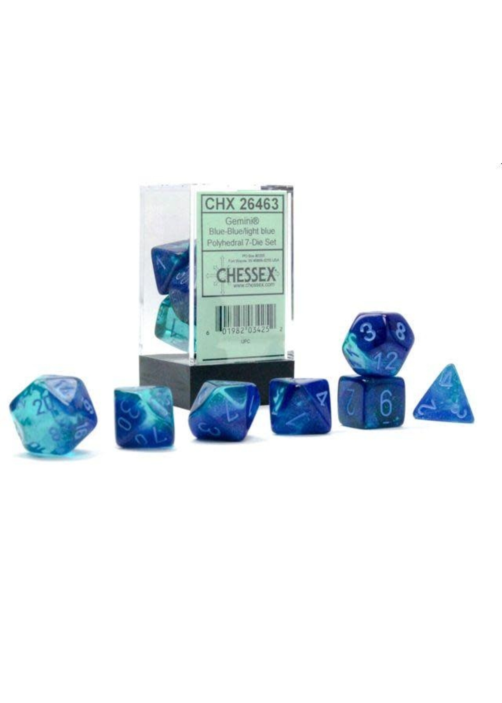 CHESSEX GEMINI 7-DIE SET POLYHEDRAL BLUE/LIGHT BLUE LUMINARY