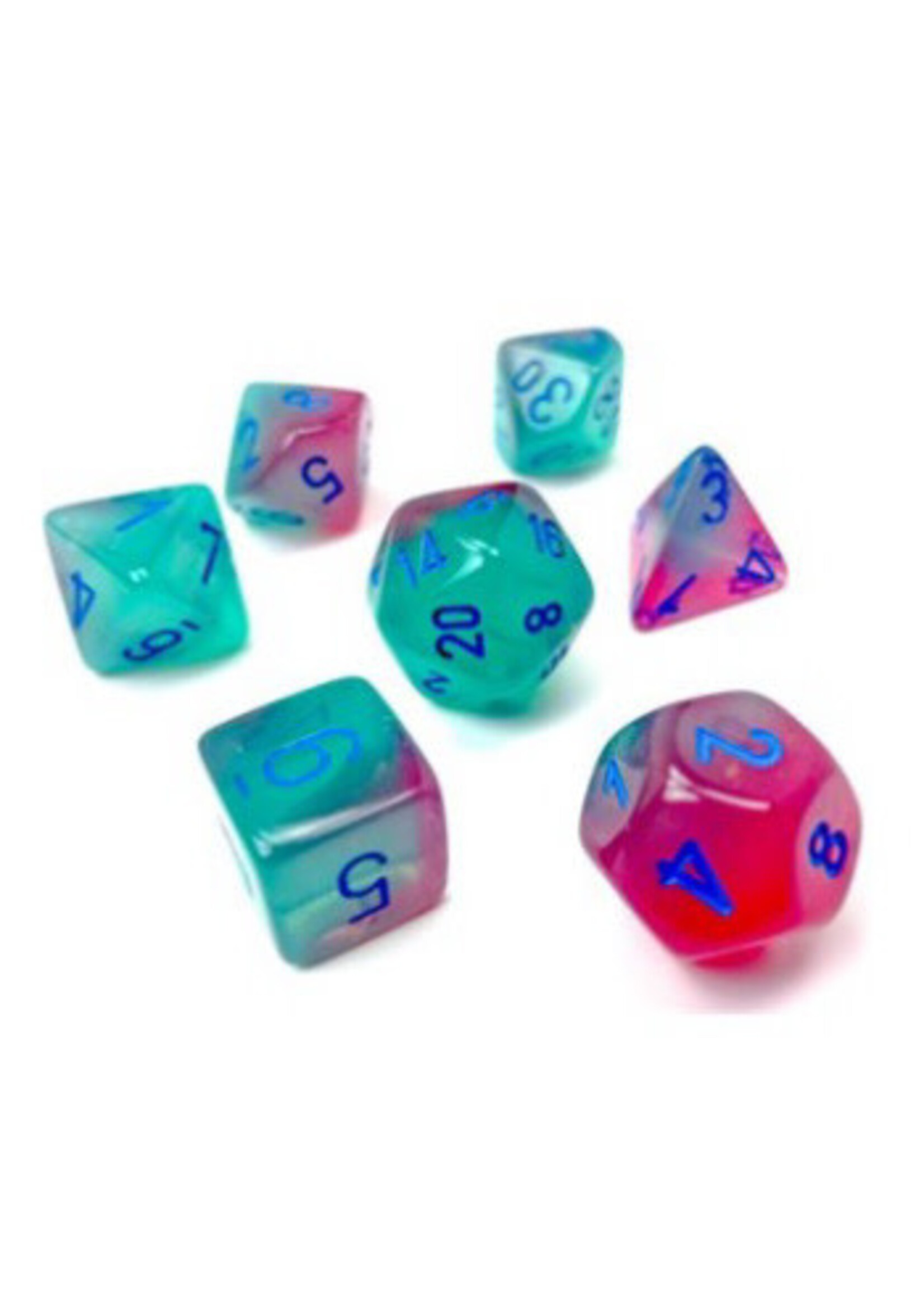 CHESSEX GEMINI 7-DIE SET POLYHEDRAL GEL GREEN-PINK/BLUE LUMINARY