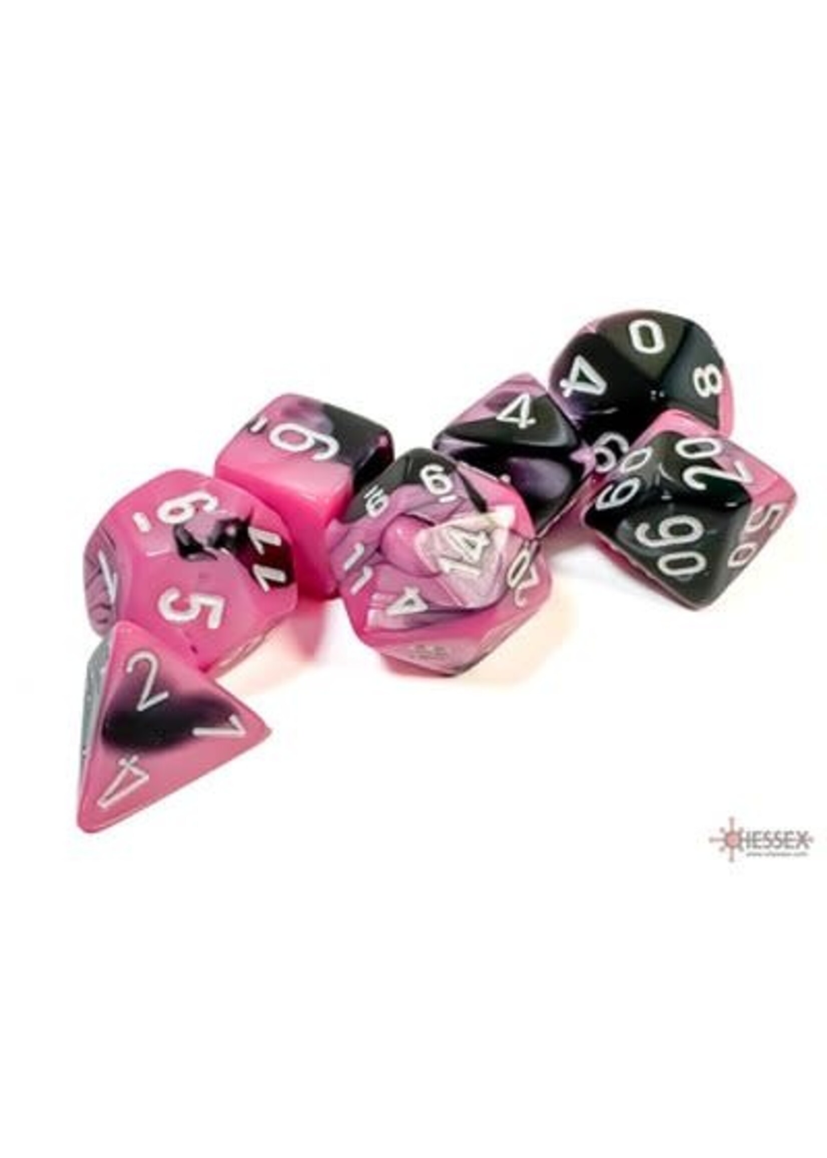 CHESSEX GEMINI 7-DIE SET POLYHEDRAL BLACK-WHITE / PINK